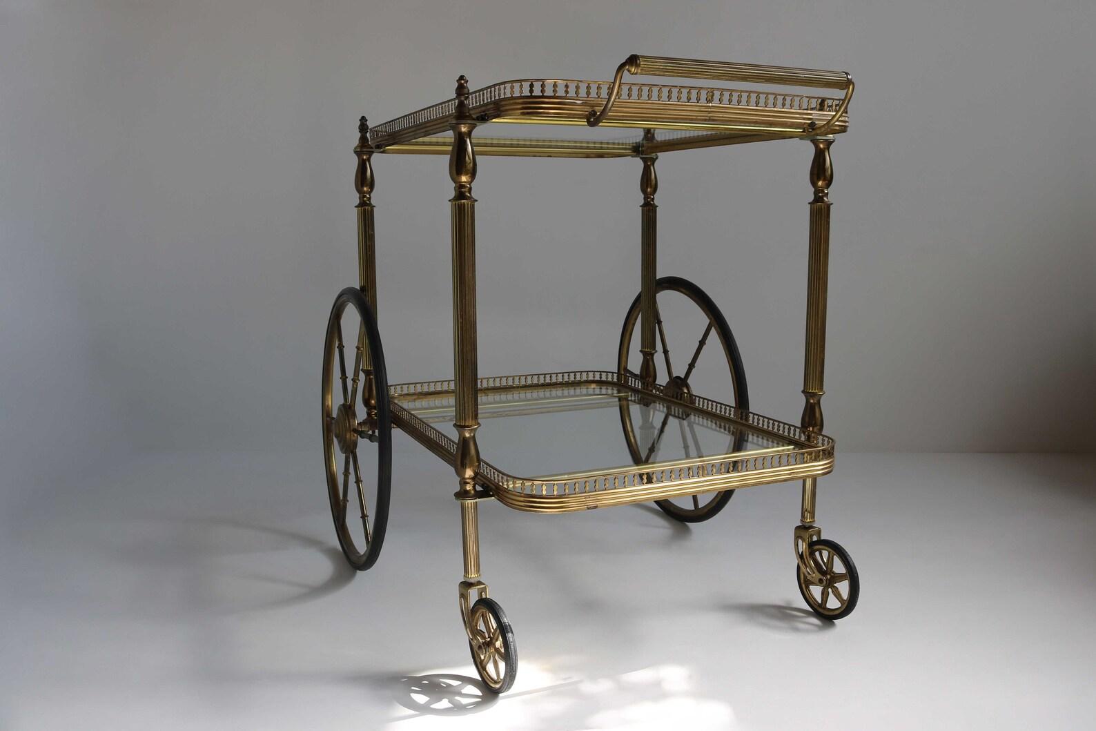 Midcentury Brass Golden Bar Cart Trolley Italian 1950 Hollywood Regency Design 4