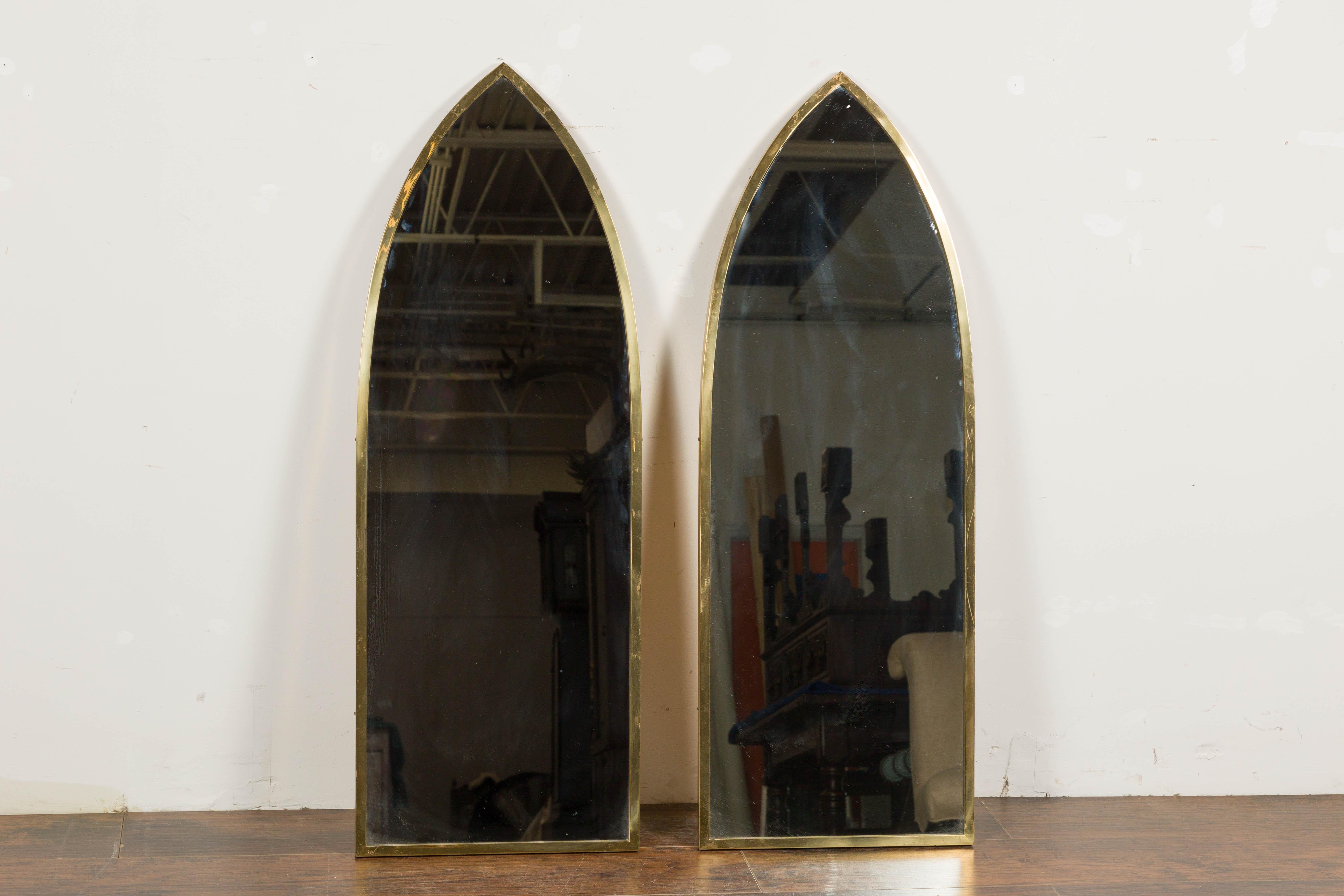 Mid-Century Modern Midcentury Brass Gothic Style Golden Broken Arch Mirrors, a Pair For Sale
