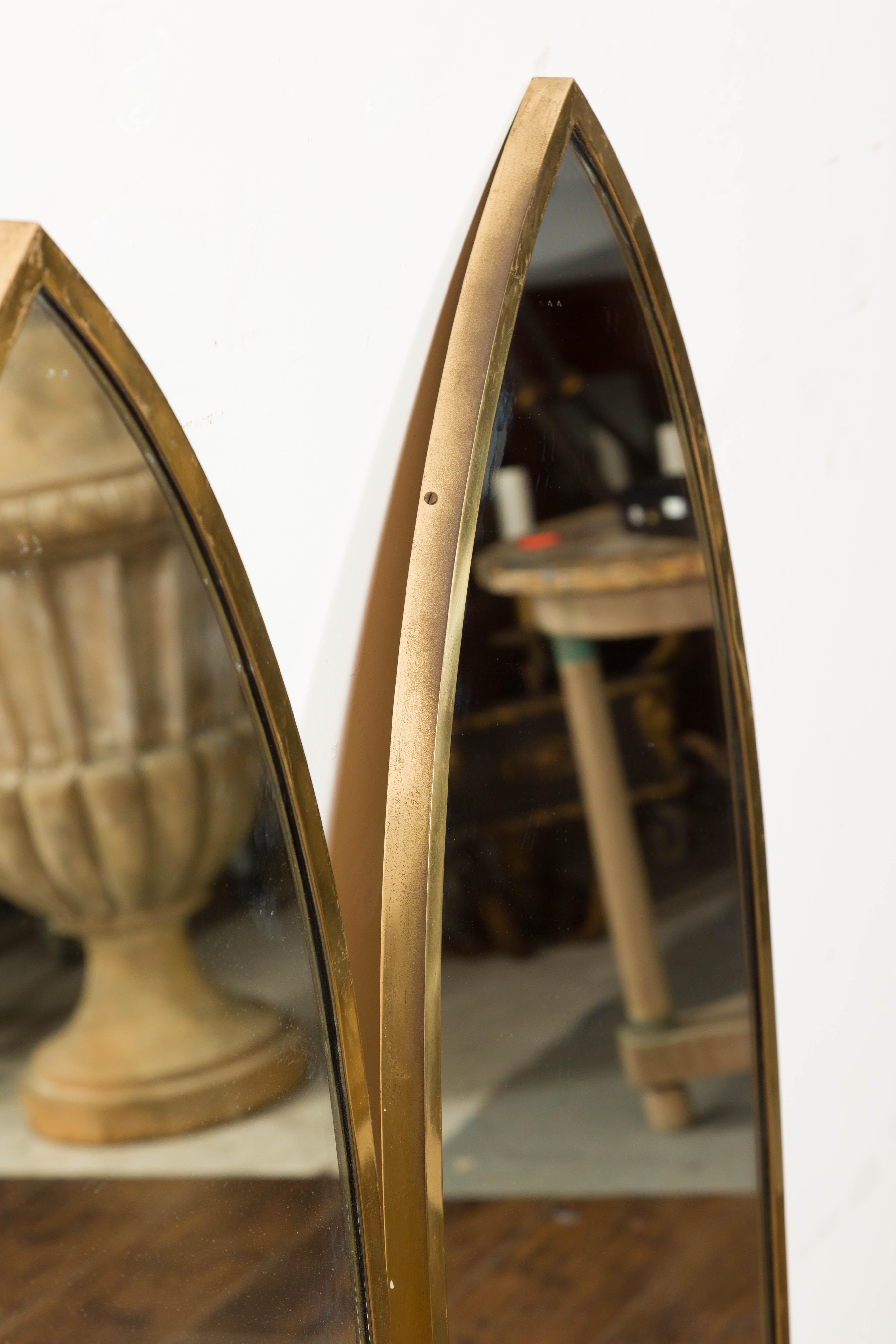 20th Century Midcentury Brass Gothic Style Golden Broken Arch Mirrors, a Pair For Sale