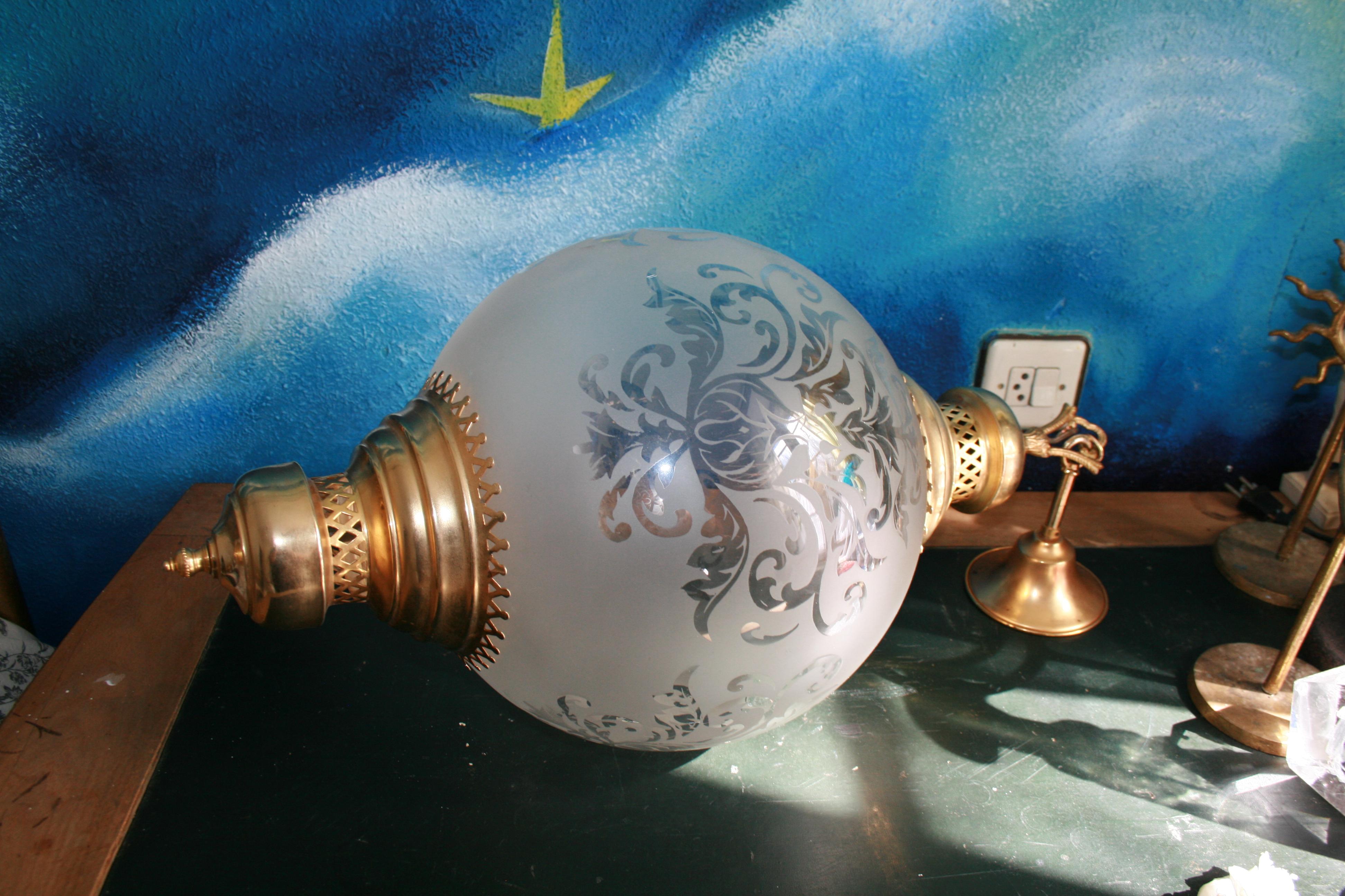 European Midcentury Brass Lantern and Engraved Crystal Globe, Italy, 1950s