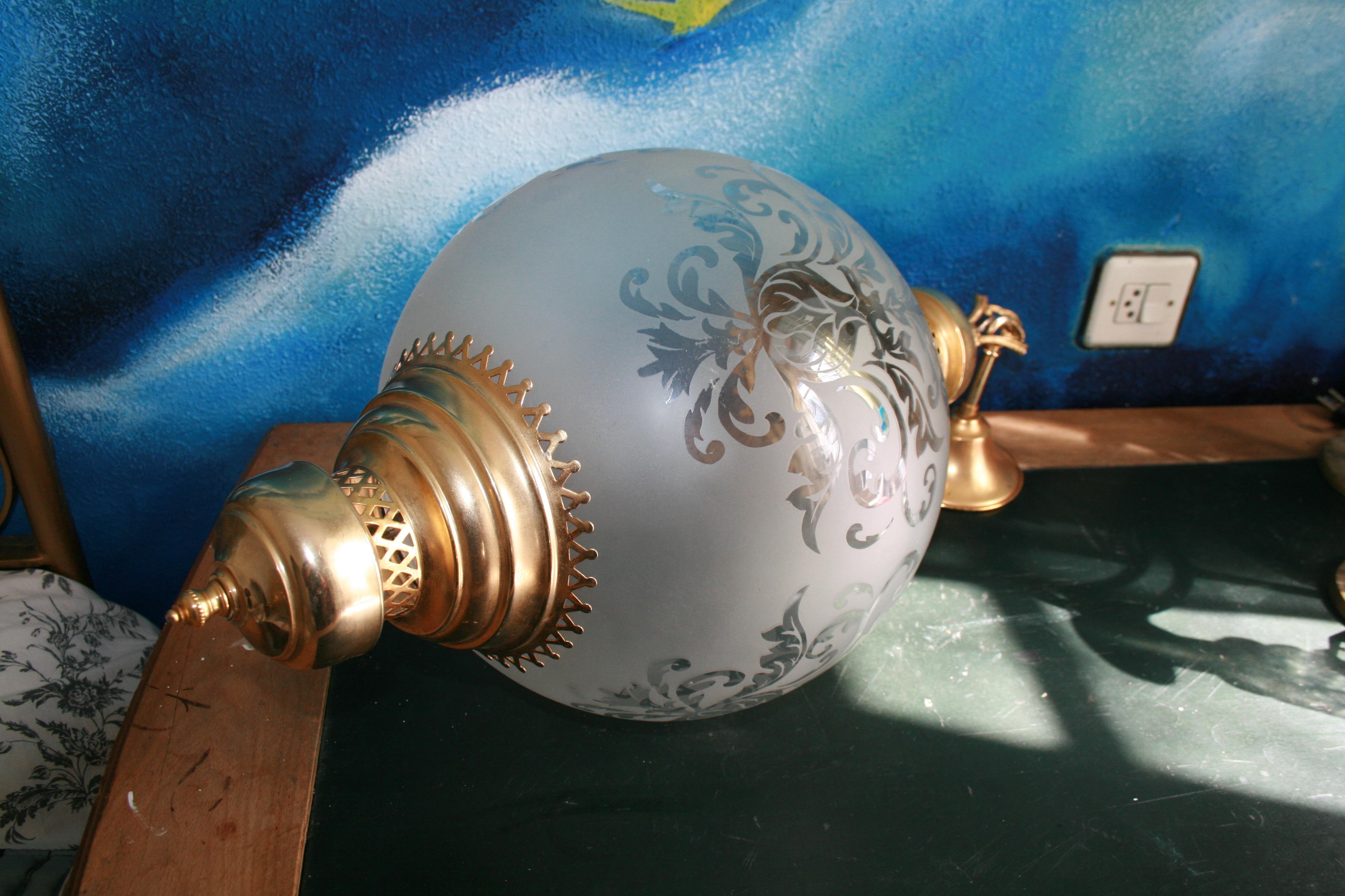 Midcentury Brass Lantern and Engraved Crystal Globe, Italy, 1950s 2