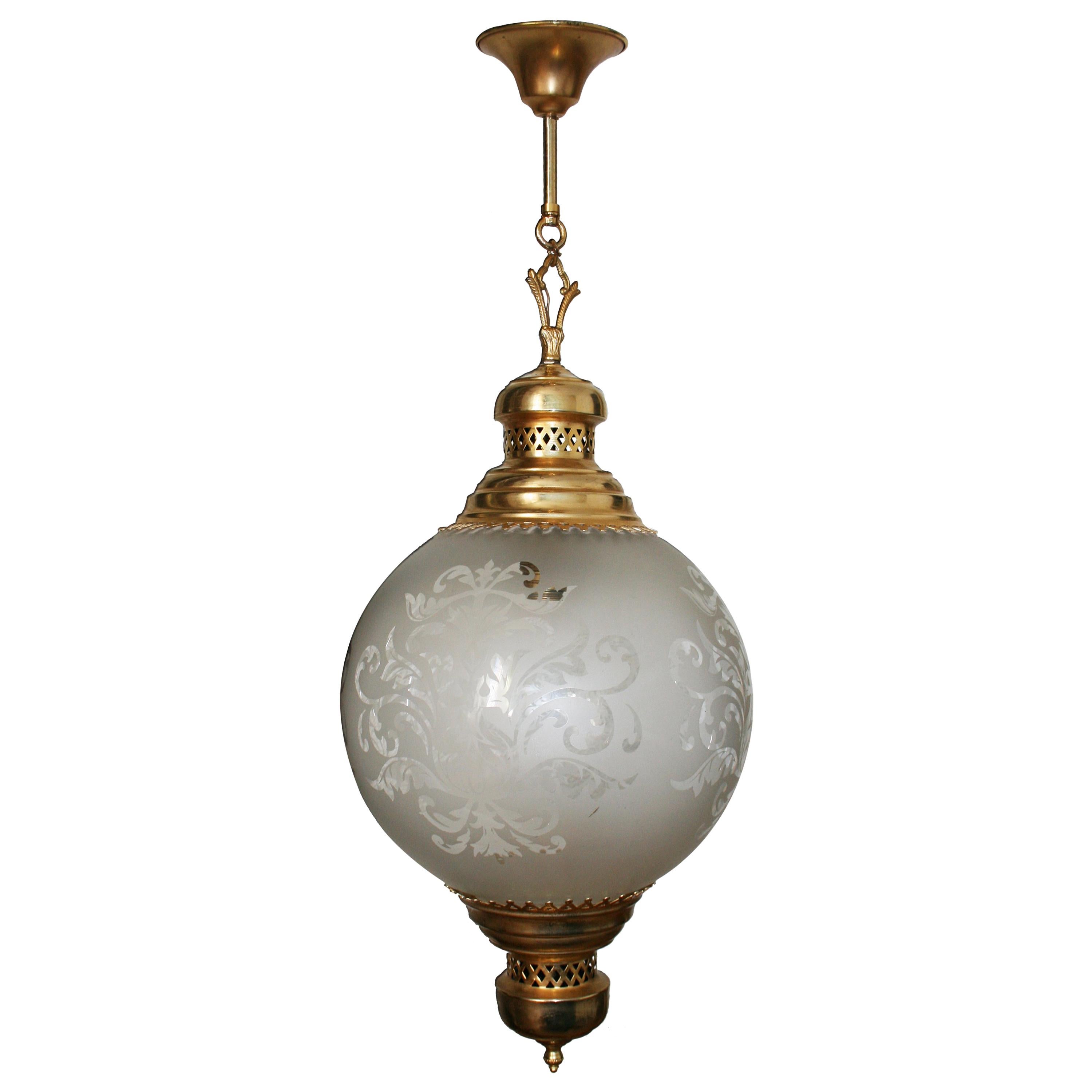 Midcentury Brass Lantern and Engraved Crystal Globe, Italy, 1950s