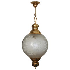 Vintage Midcentury Brass Lantern and Engraved Crystal Globe, Italy, 1950s