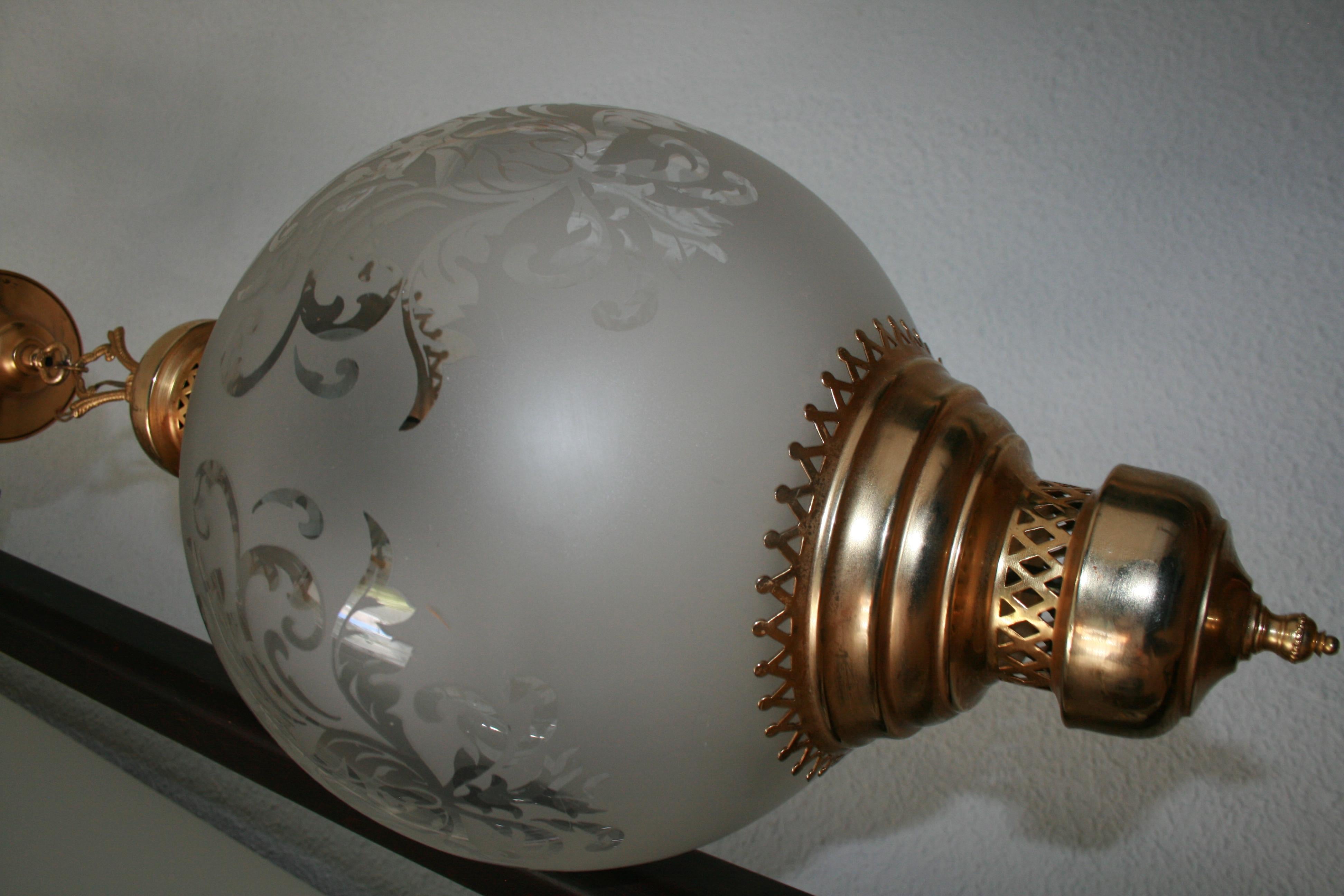 Midcentury Brass Lantern and Engraved Crystal Globe, Italy, 1950s 10