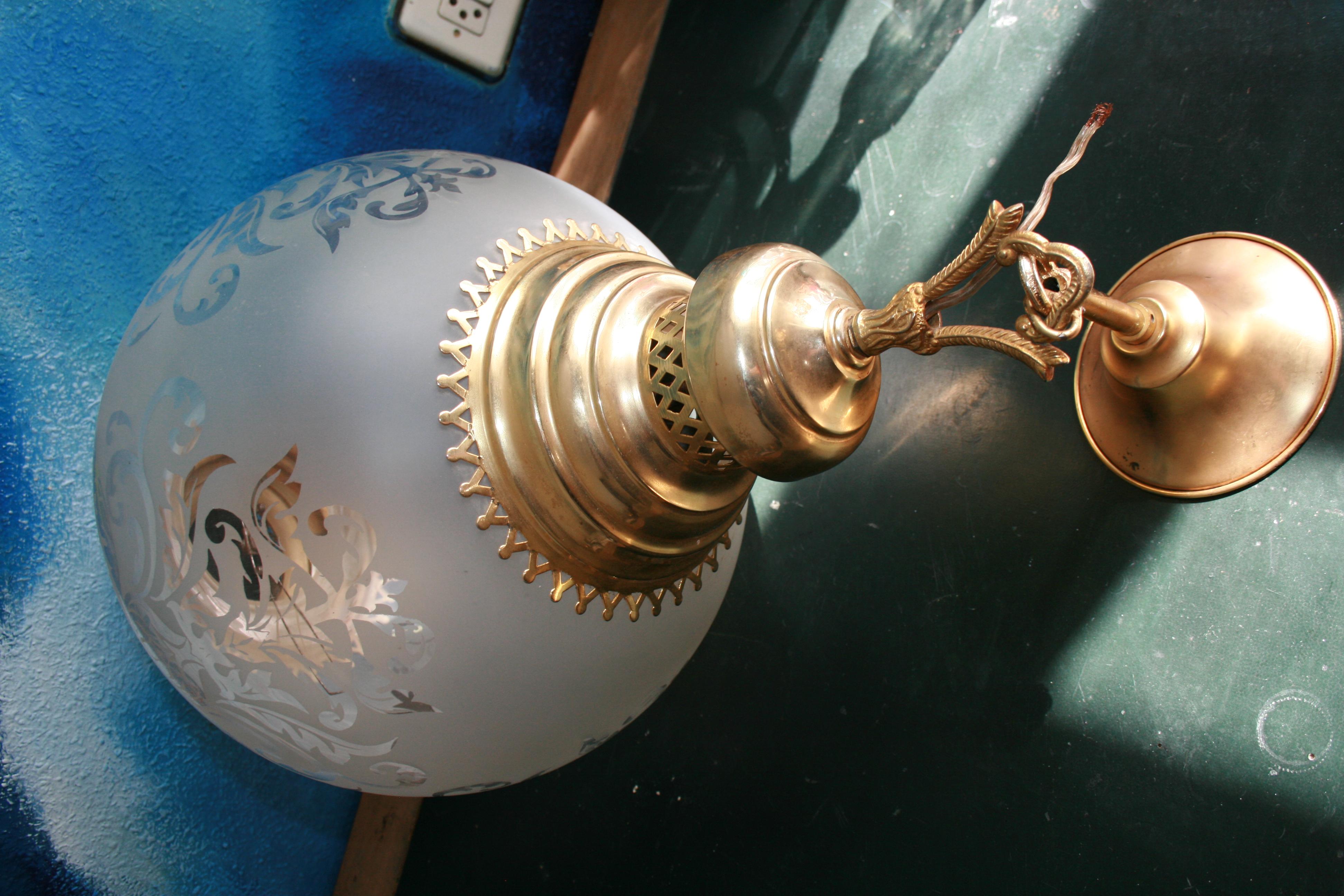 Mid-20th Century Midcentury Brass Lantern and Engraved Crystal Globe, Italy, 1950s