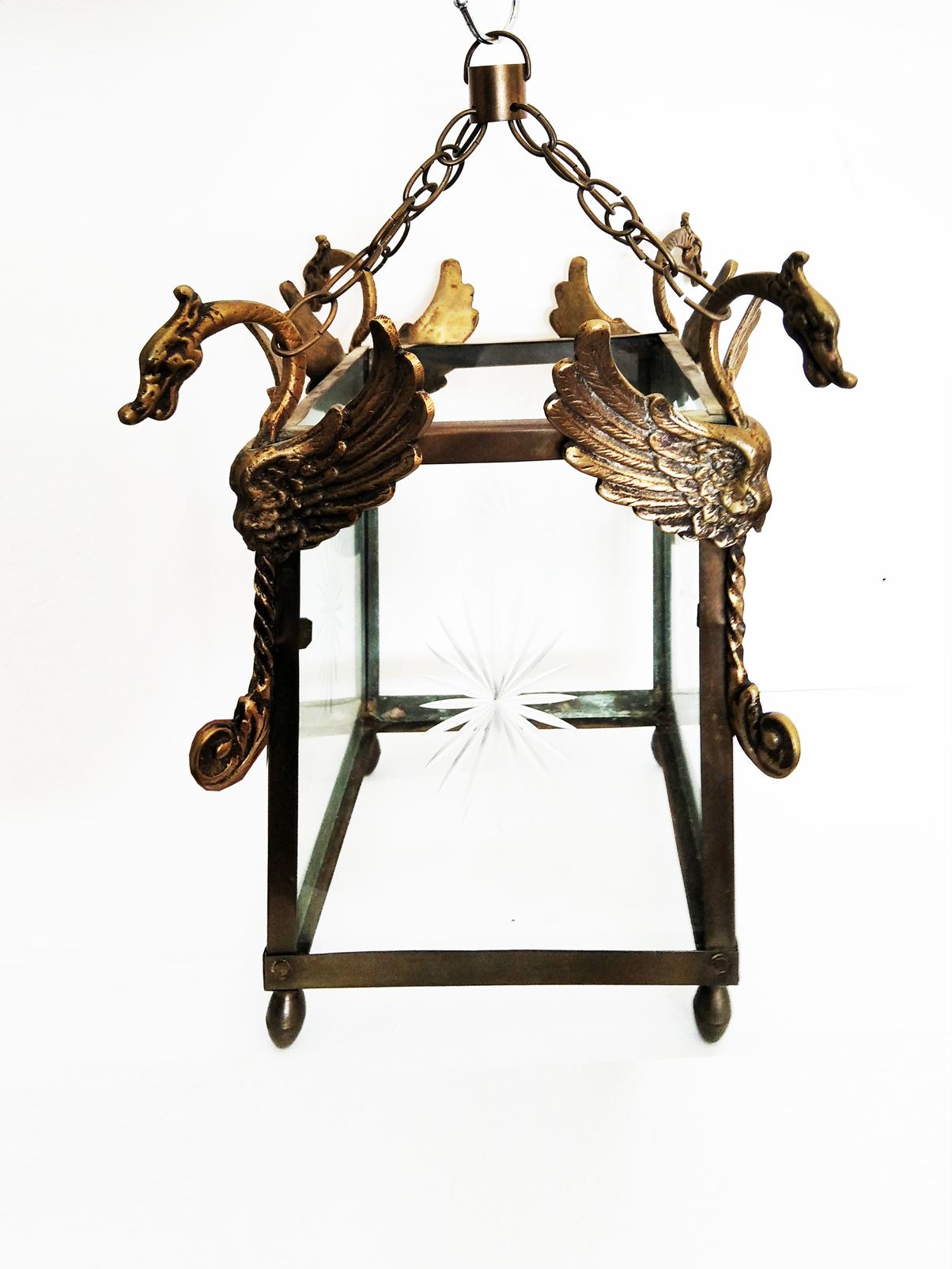 Cast  Brass or Bronze and Glass Lantern  Art Deco   Chinoiserie Style 