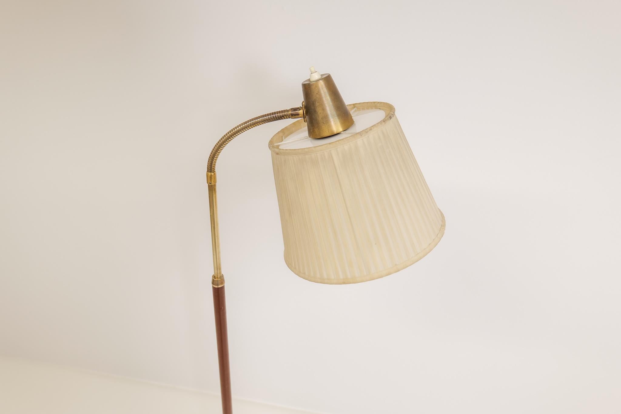 Mid-20th Century Midcentury Brass Leather Floor Lamp Falkenbergs Belysning, Sweden, 1960s