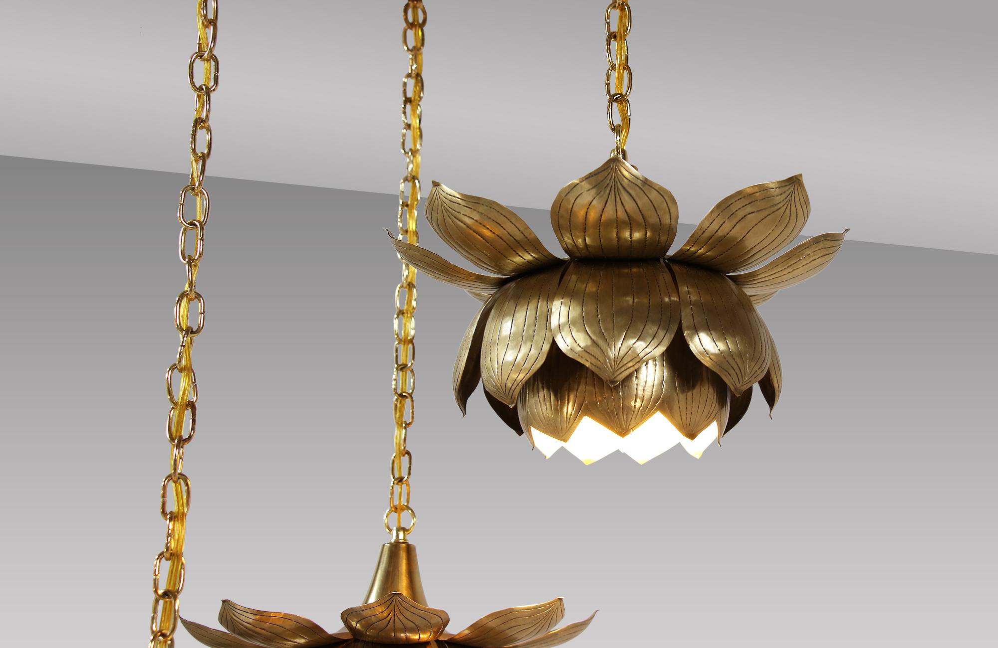 American Midcentury Brass Lotus Pendant Chandelier by Feldman Lighting Co.