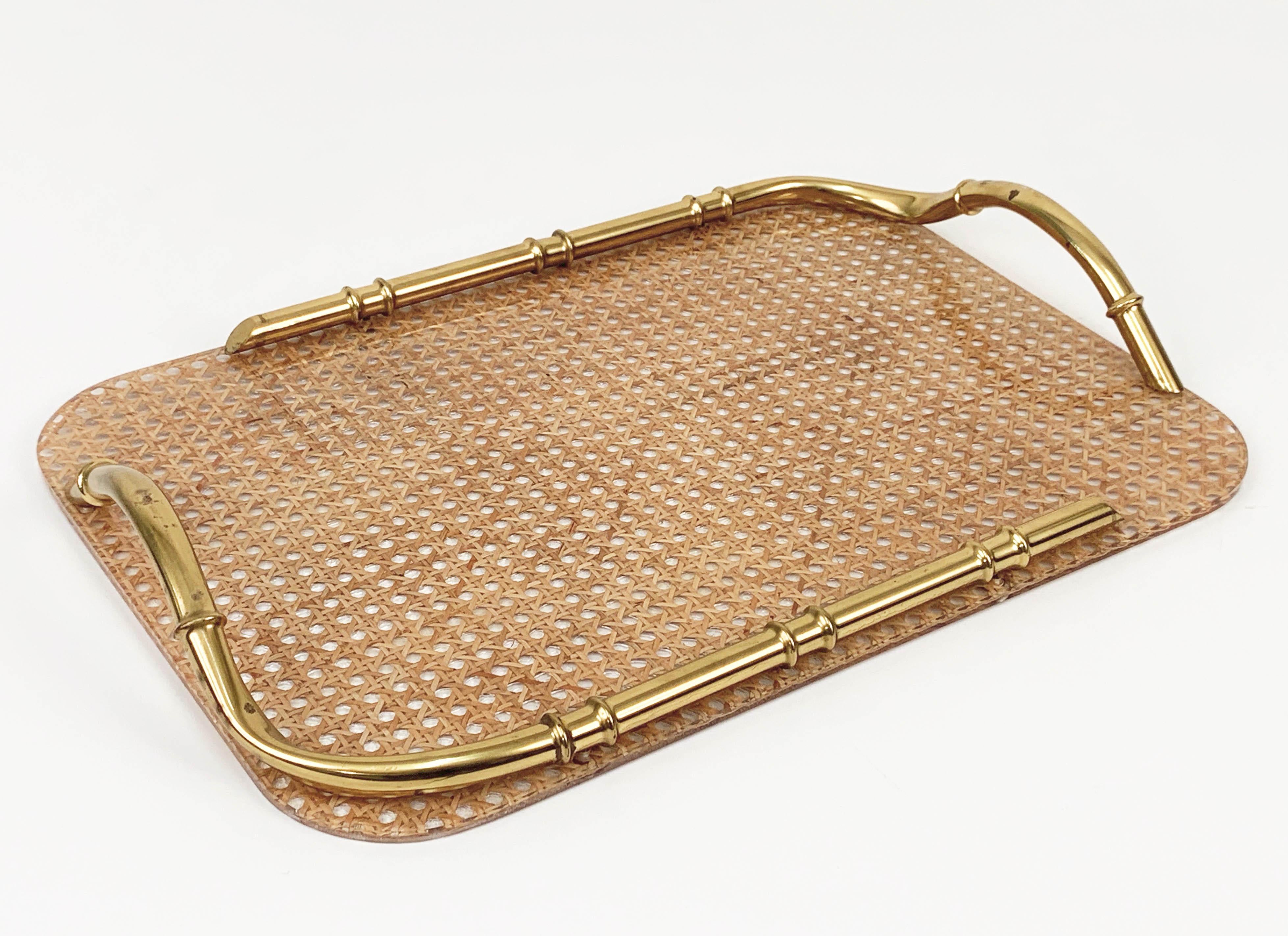Midcentury Brass Lucite and Faux Bamboo Serving Tray Christian Dior Style, 1970s 6