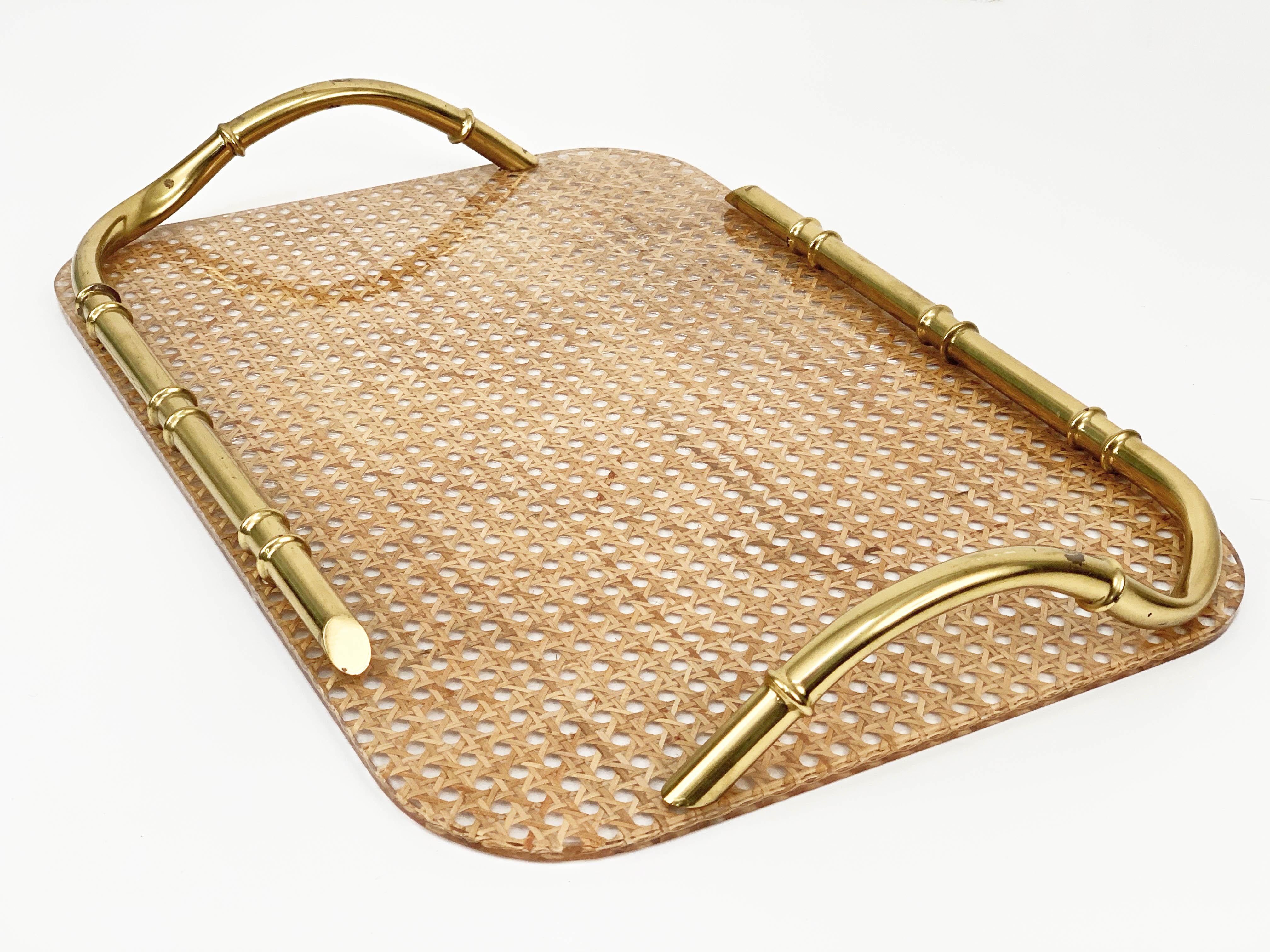 Mid-Century Modern Midcentury Brass Lucite and Faux Bamboo Serving Tray Christian Dior Style, 1970s