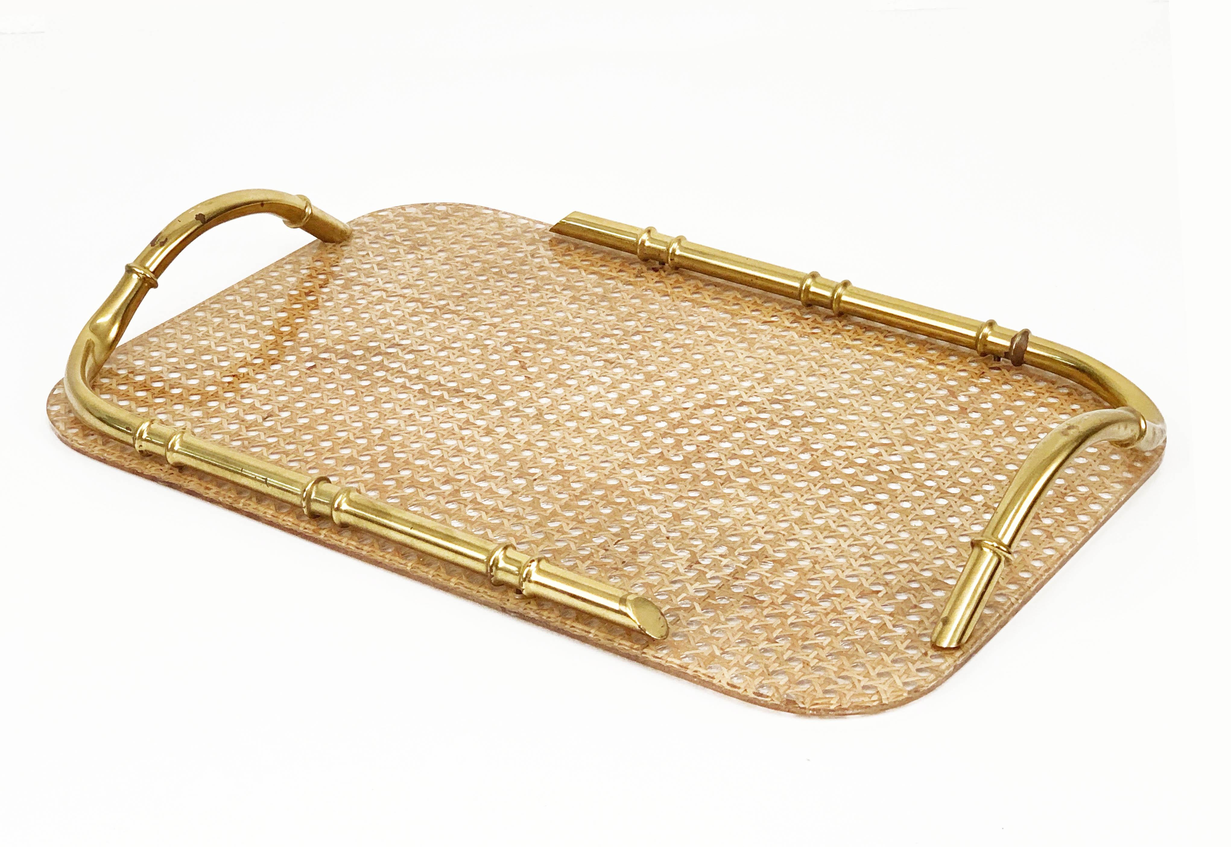 French Midcentury Brass Lucite and Faux Bamboo Serving Tray Christian Dior Style, 1970s