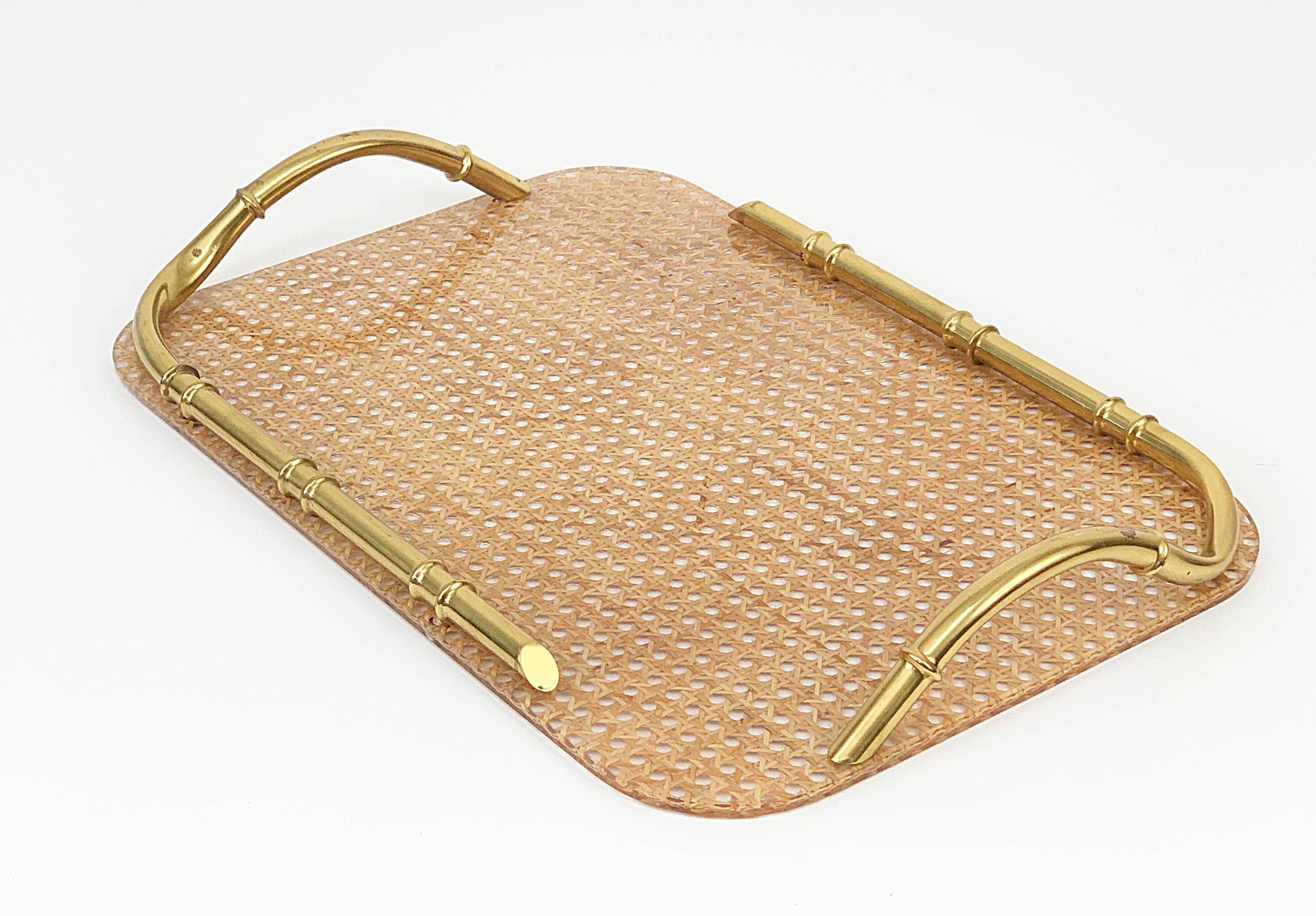 Acrylic Midcentury Brass Lucite and Faux Bamboo Serving Tray Christian Dior Style, 1970s