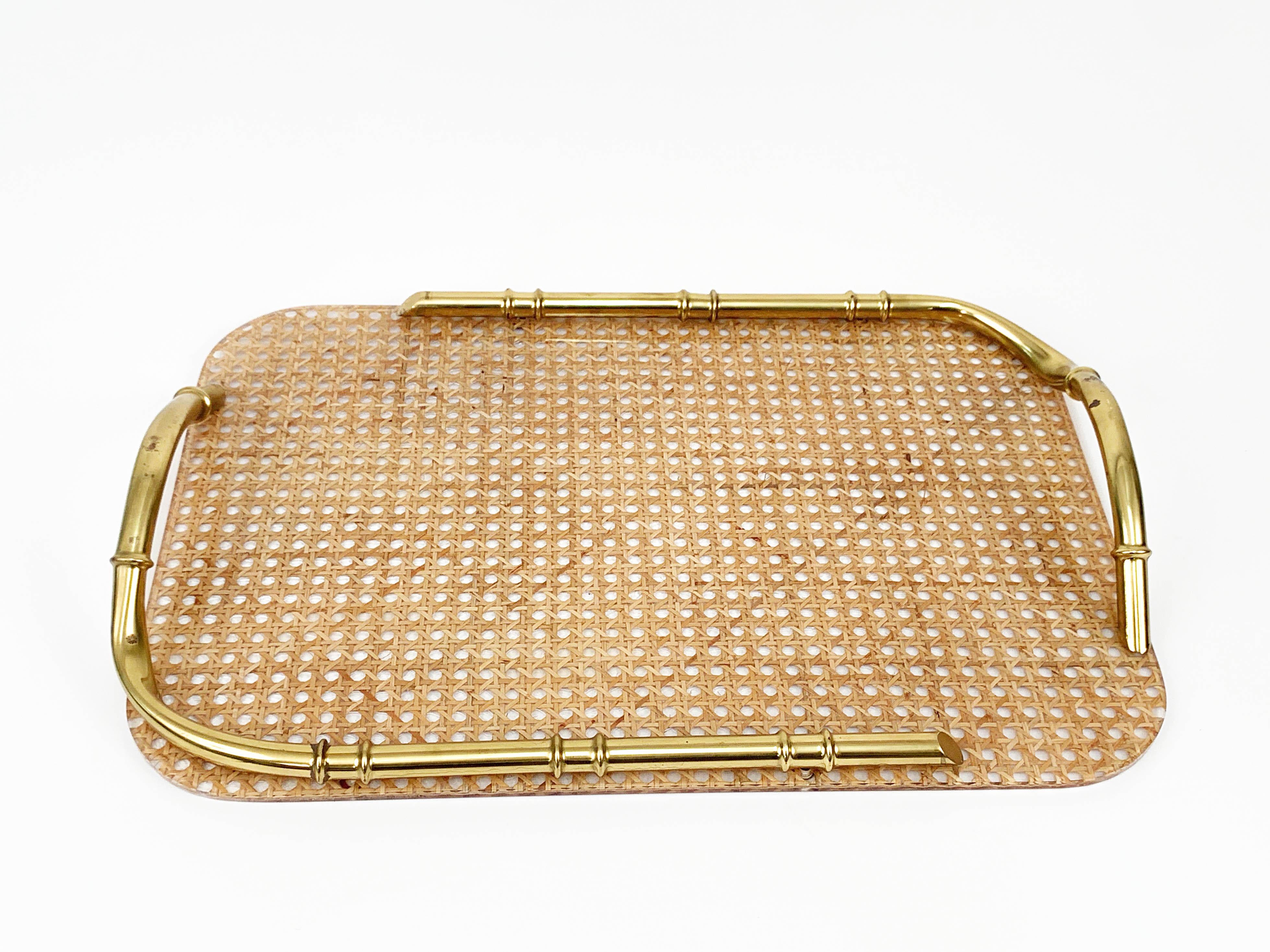Midcentury Brass Lucite and Faux Bamboo Serving Tray Christian Dior Style, 1970s 2
