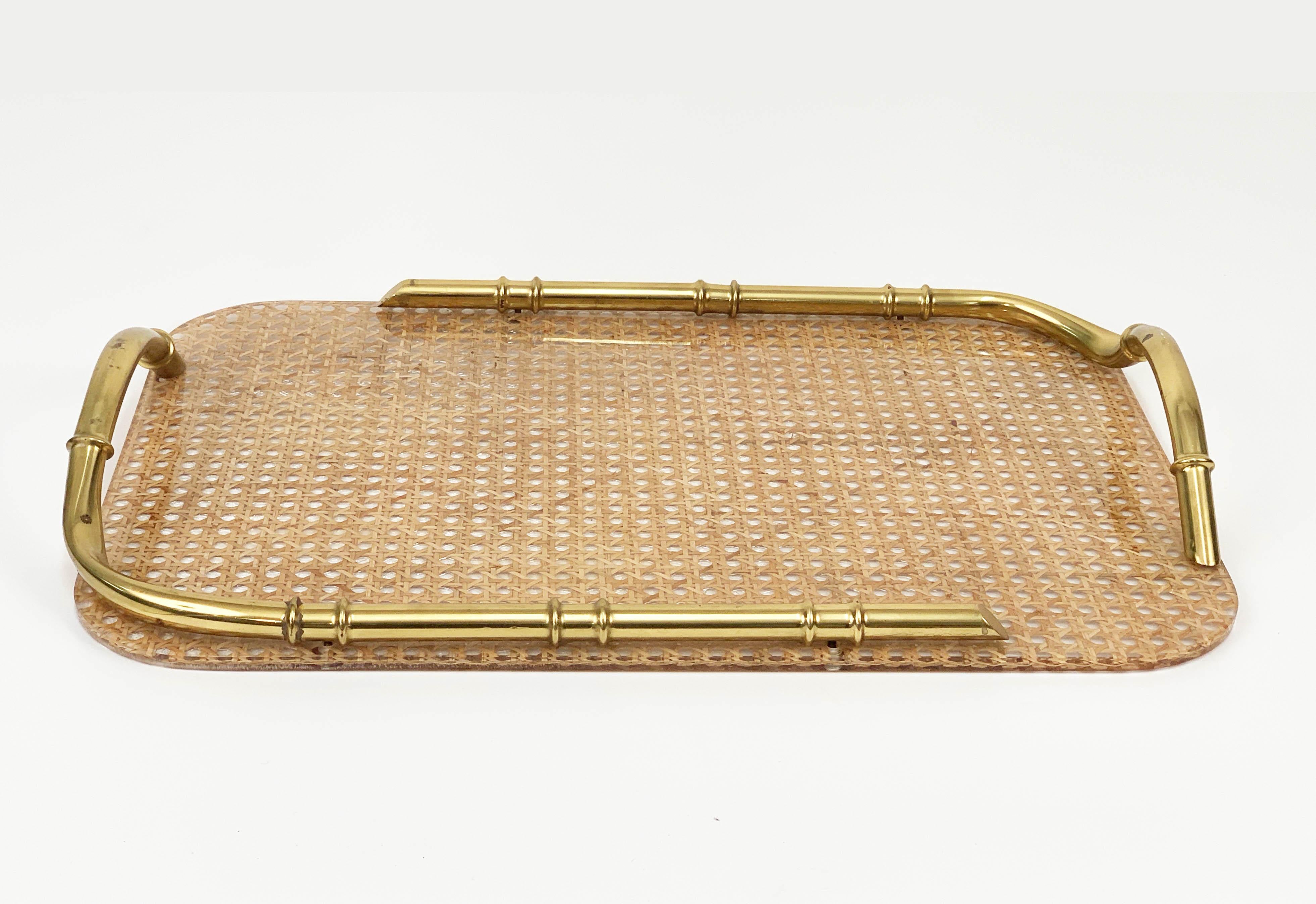 Midcentury Brass Lucite and Faux Bamboo Serving Tray Christian Dior Style, 1970s 4