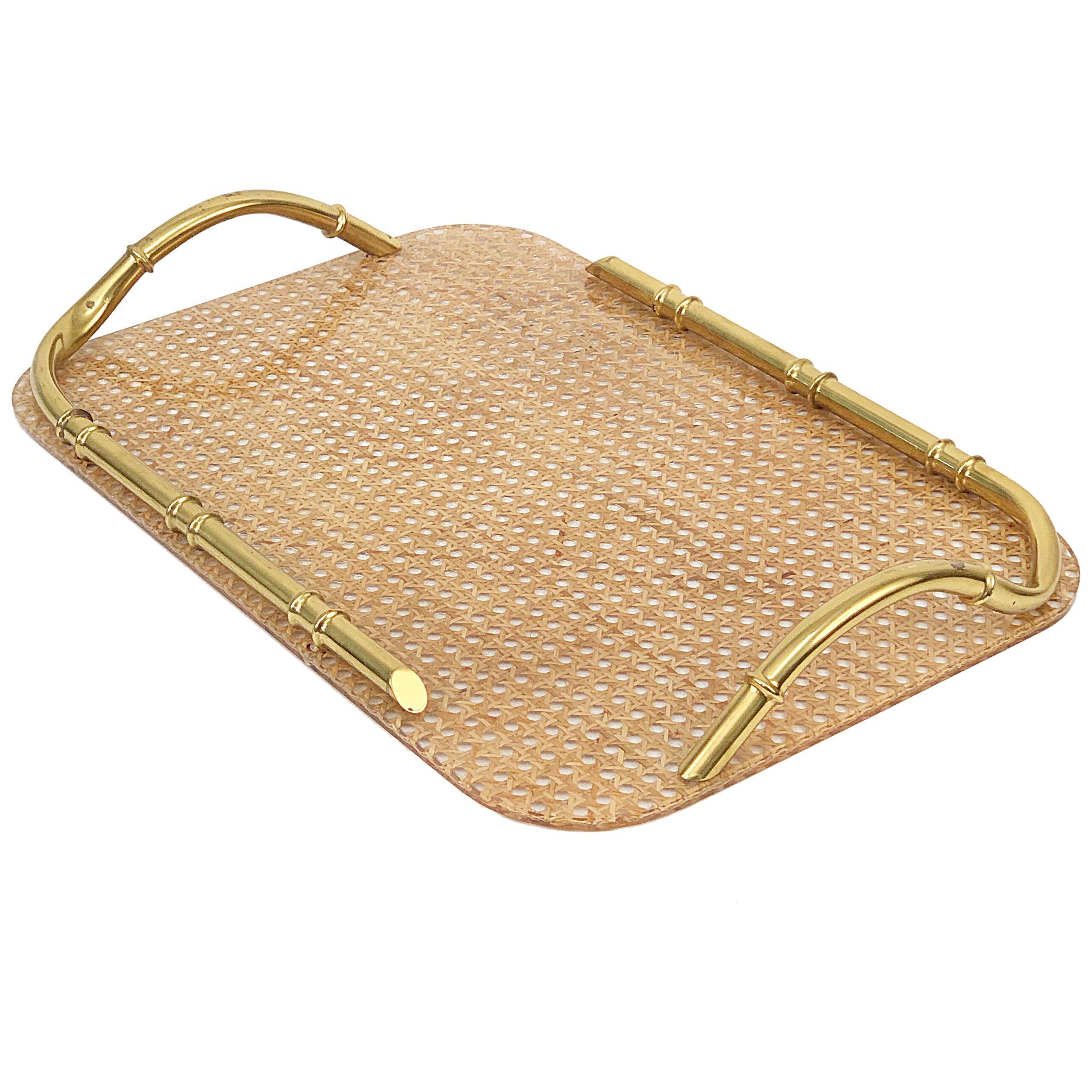 Midcentury Brass Lucite and Faux Bamboo Serving Tray Christian Dior Style, 1970s