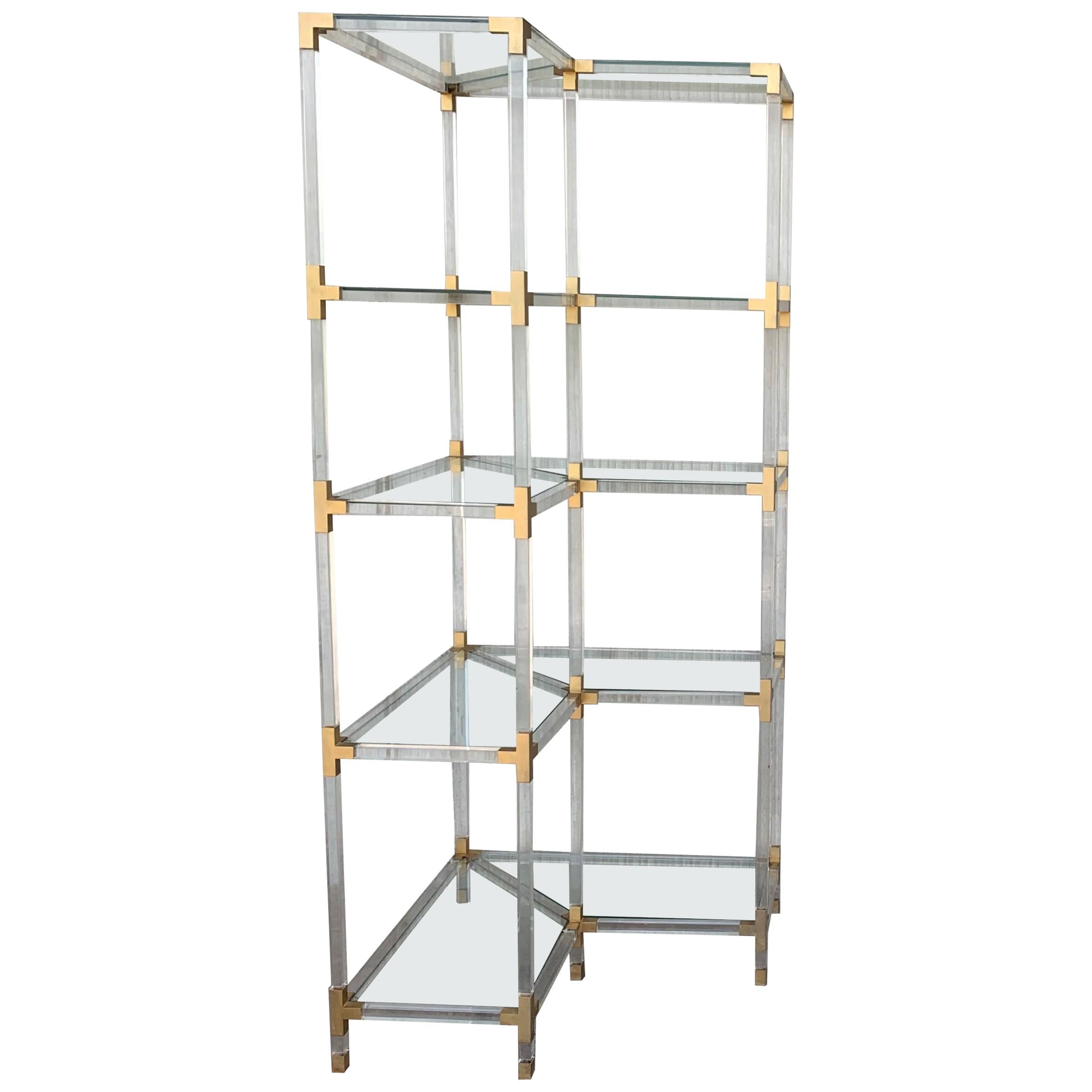 Midcentury Brass, Lucite and Glass Étagère with Five Shelves