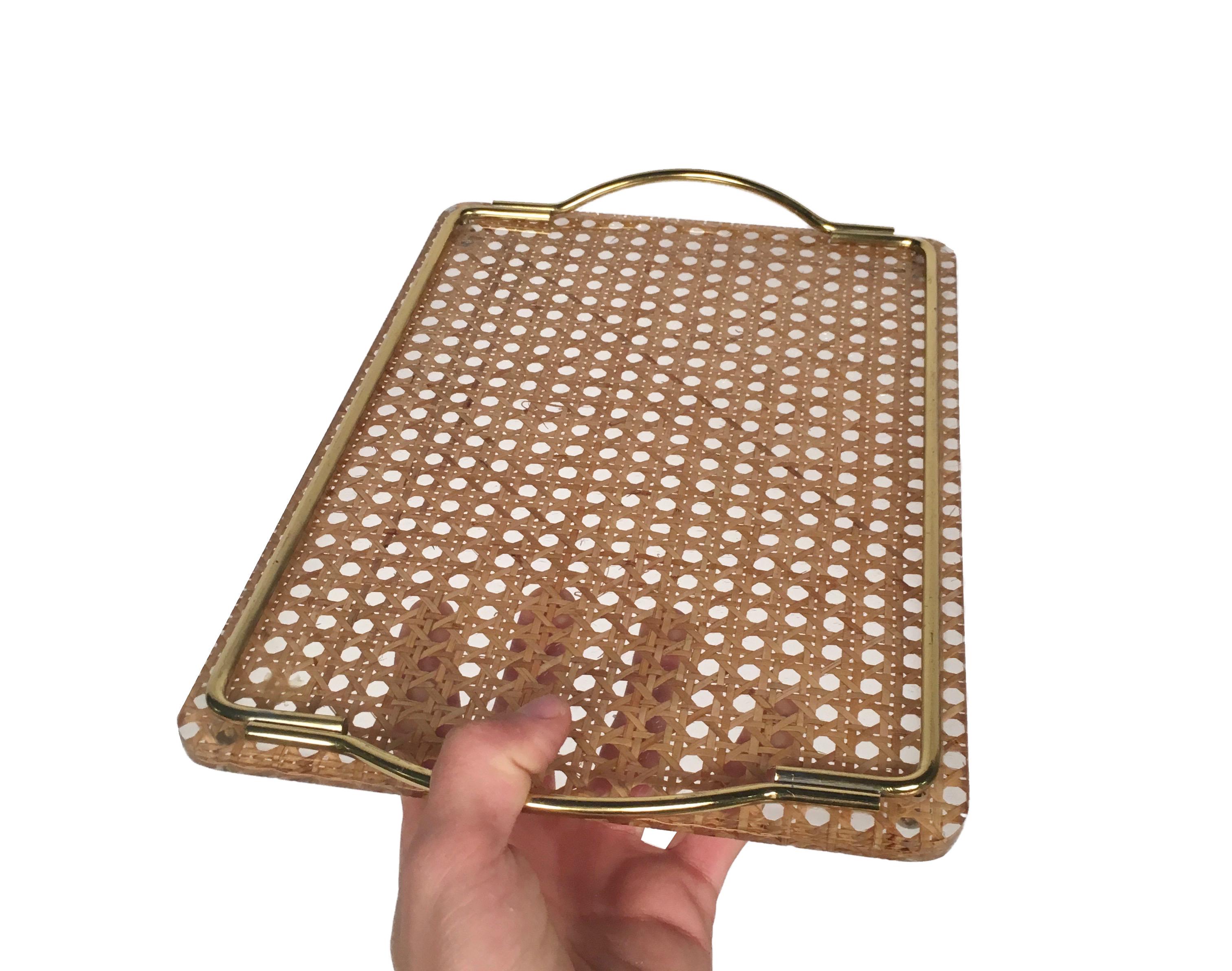 Mid-Century Modern Midcentury Brass, Lucite and Rattan Serving Tray Christian Dior Home Collection