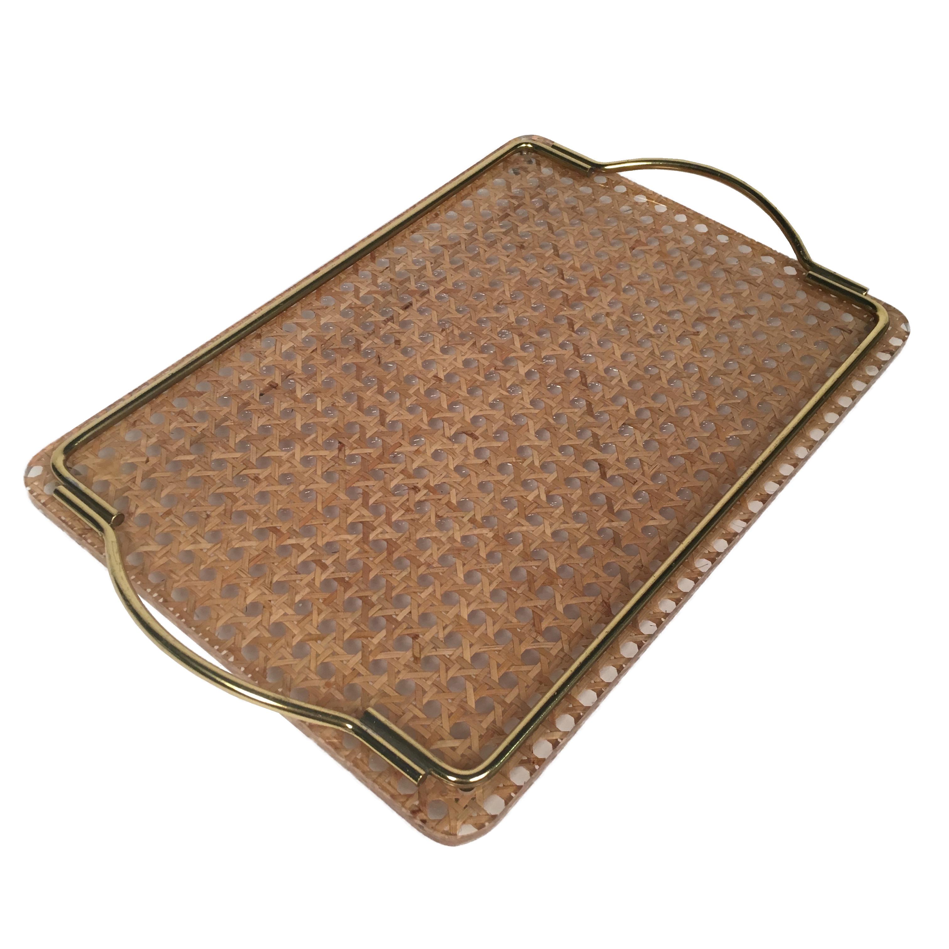 French Midcentury Brass, Lucite and Rattan Serving Tray Christian Dior Home Collection