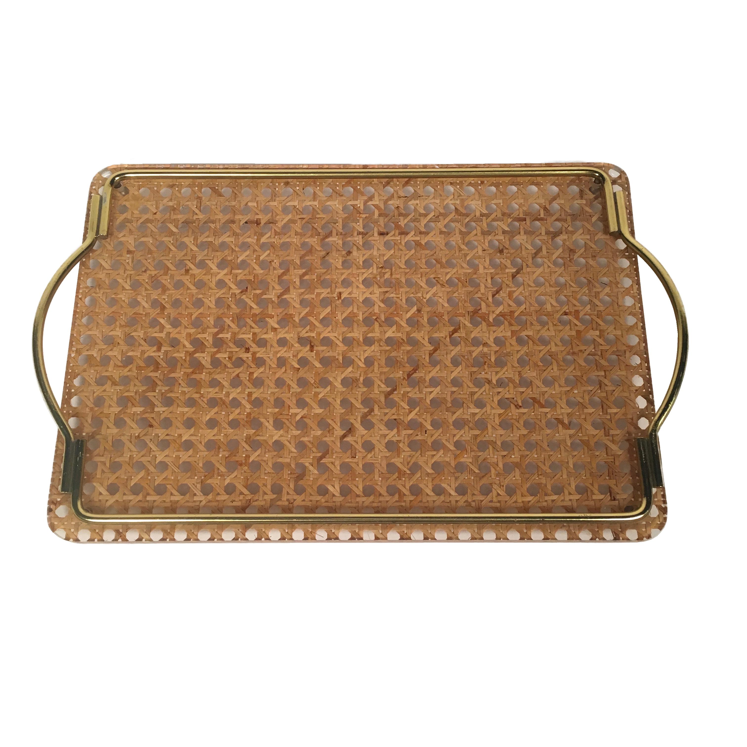 Midcentury Brass, Lucite and Rattan Serving Tray Christian Dior Home Collection