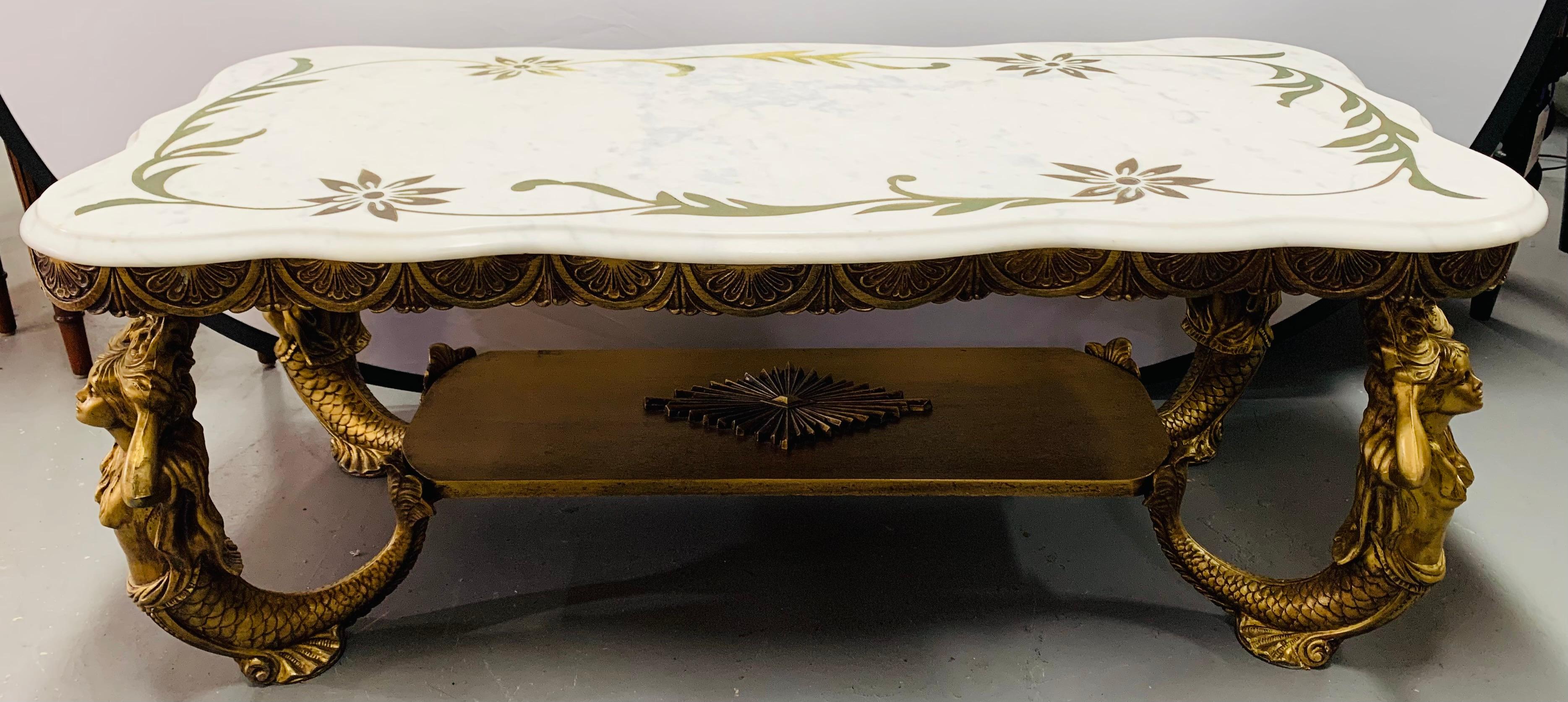 20th Century Midcentury Brass Myth Mermaid Sculptural & Marble Coffee or Cocktail Table