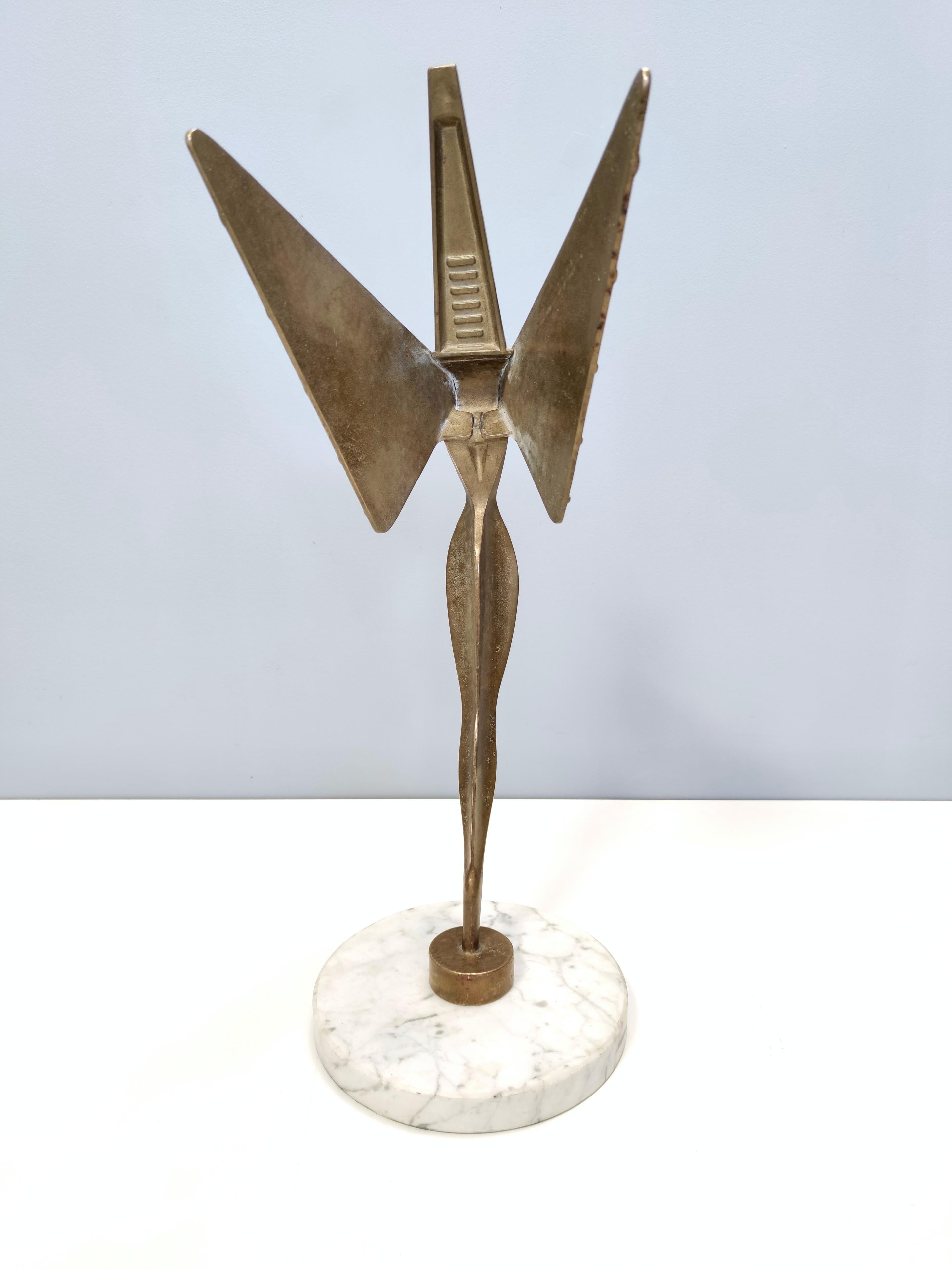 Mid-Century Modern Brass Decorative Object with a Marble Pedestal Representing the Goddess Nike For Sale