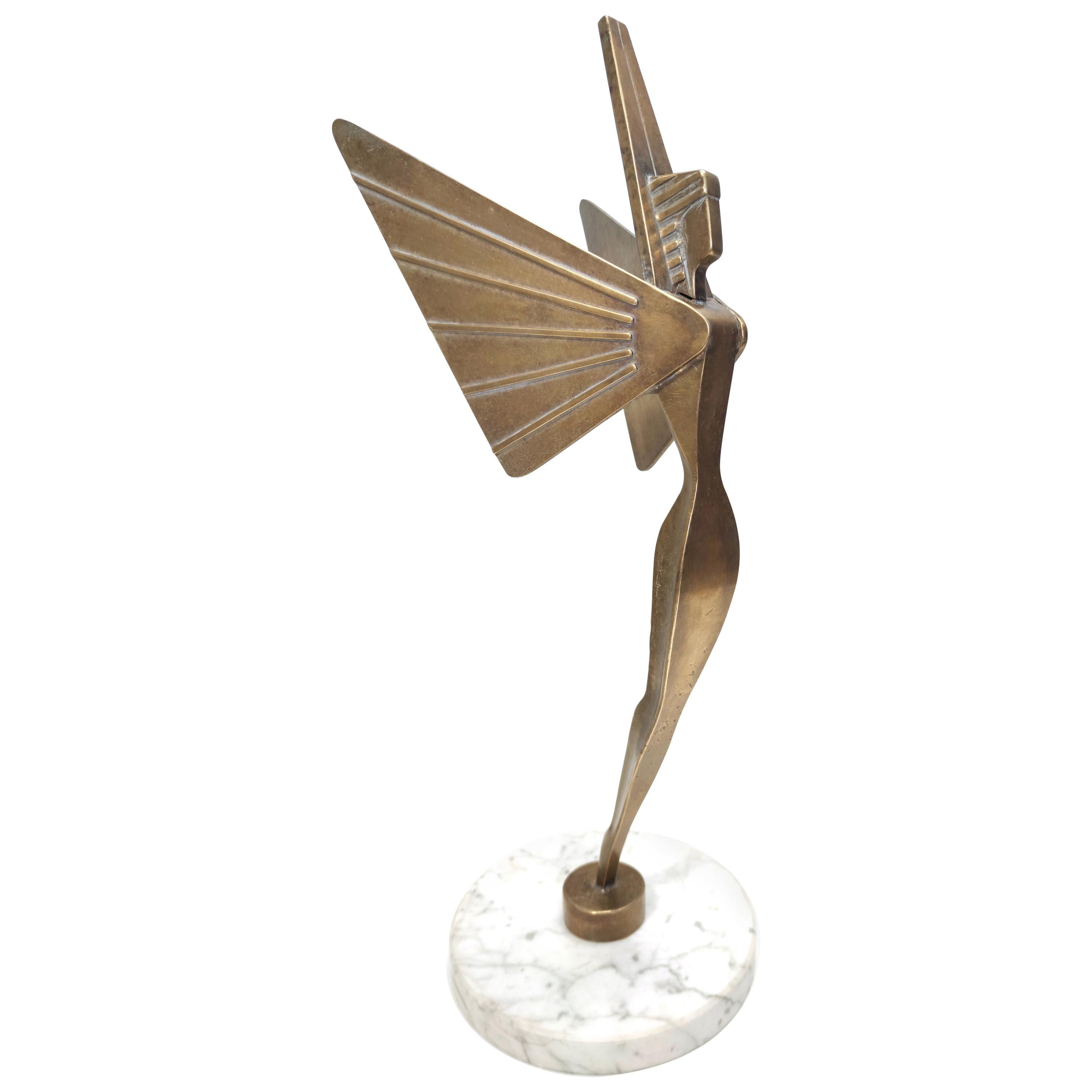 Brass Decorative Object with a Marble Pedestal Representing the Goddess Nike