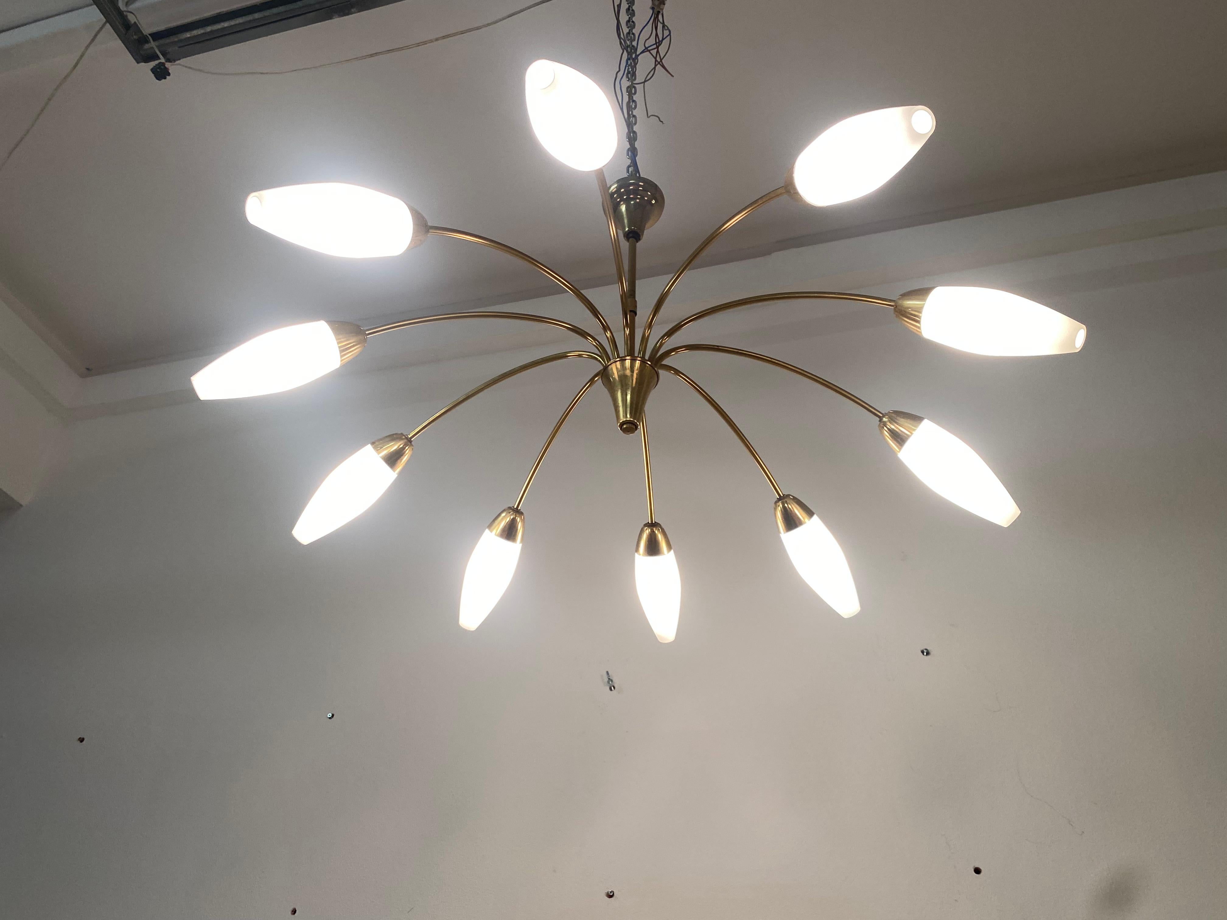 Midcentury Brass Opaline Glass Chandelier by Rupert Nikoll 2