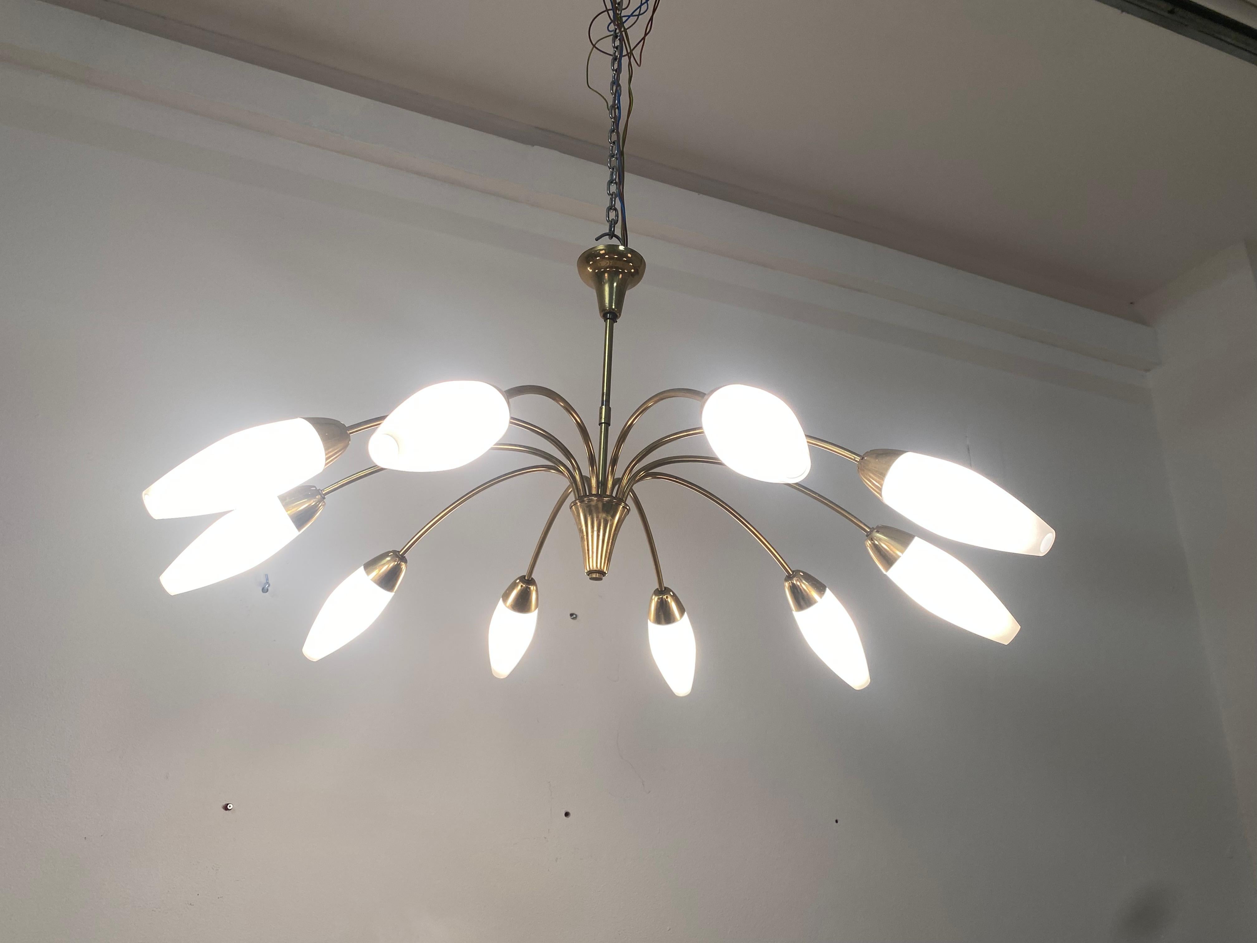 Midcentury Brass Opaline Glass Chandelier by Rupert Nikoll 3