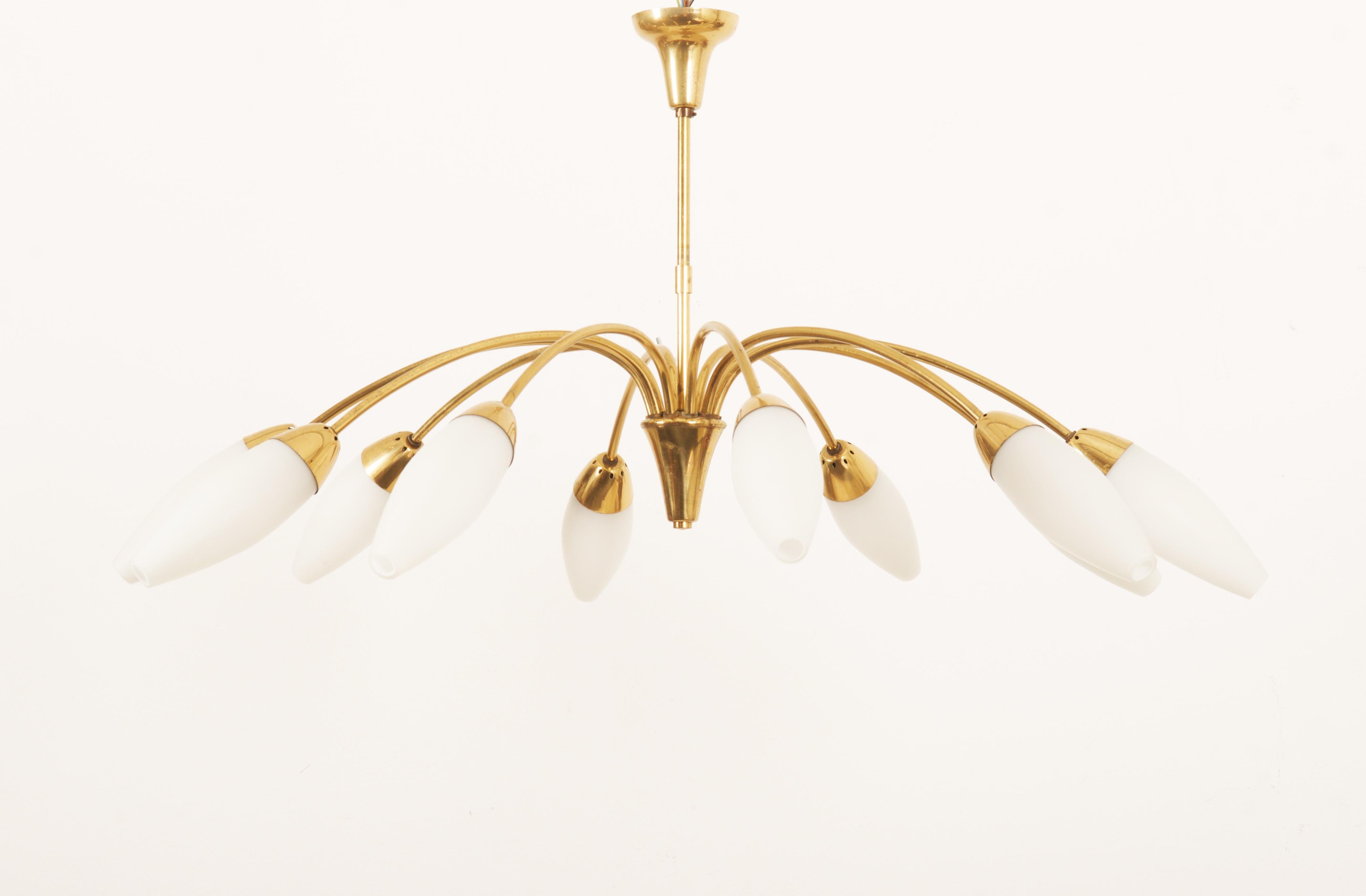 Midcentury Brass Opaline Glass Chandelier by Rupert Nikoll 5