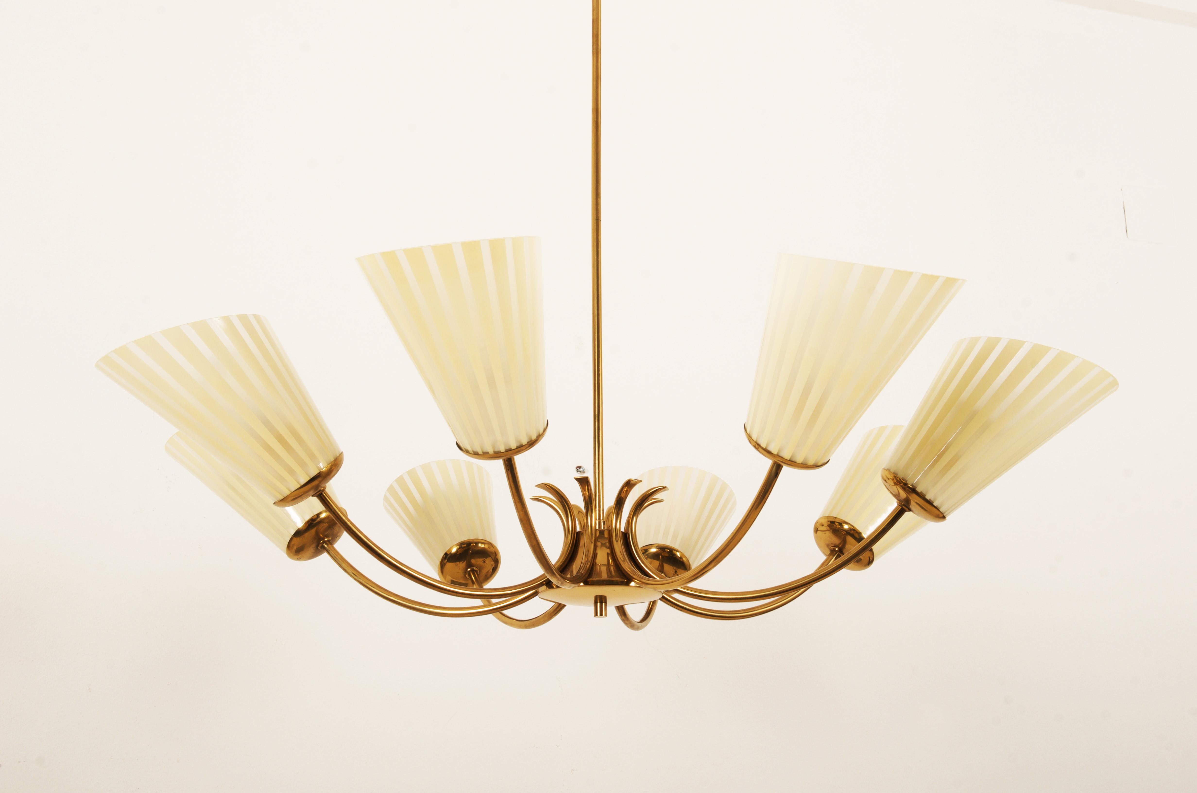 Brass frame with eight arms and opaline glass shades each fitted with E27 sockets. Made in Vienna by Rupert Nikoll in the late 1950s. Total height can be customized.