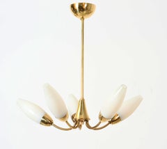 Midcentury Brass Opaline Glass Chandelier by Rupert Nikoll