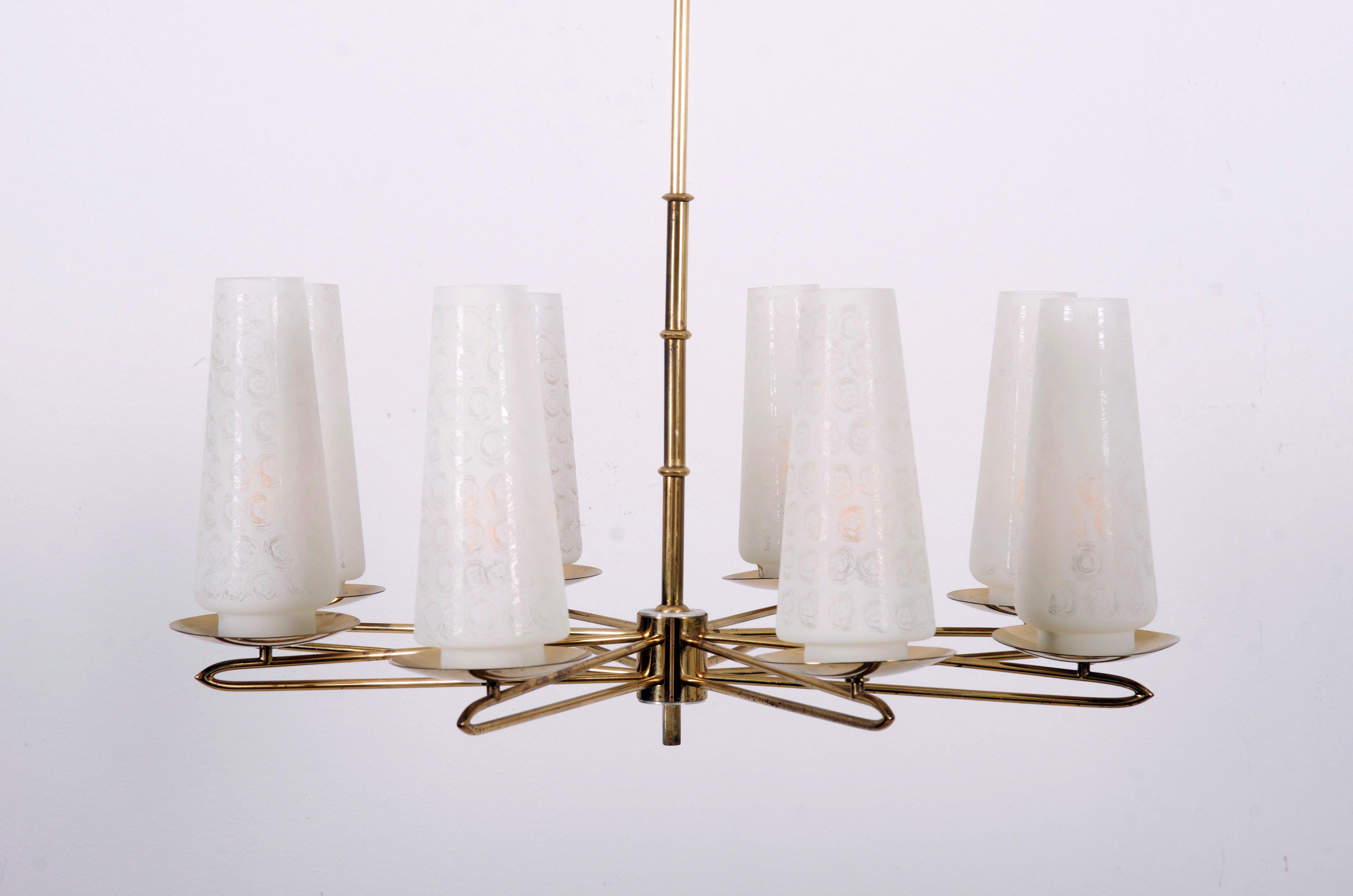 Mid-Century Modern Midcentury Brass Opaline Glass Chandelier by Rupert Nikoll For Sale