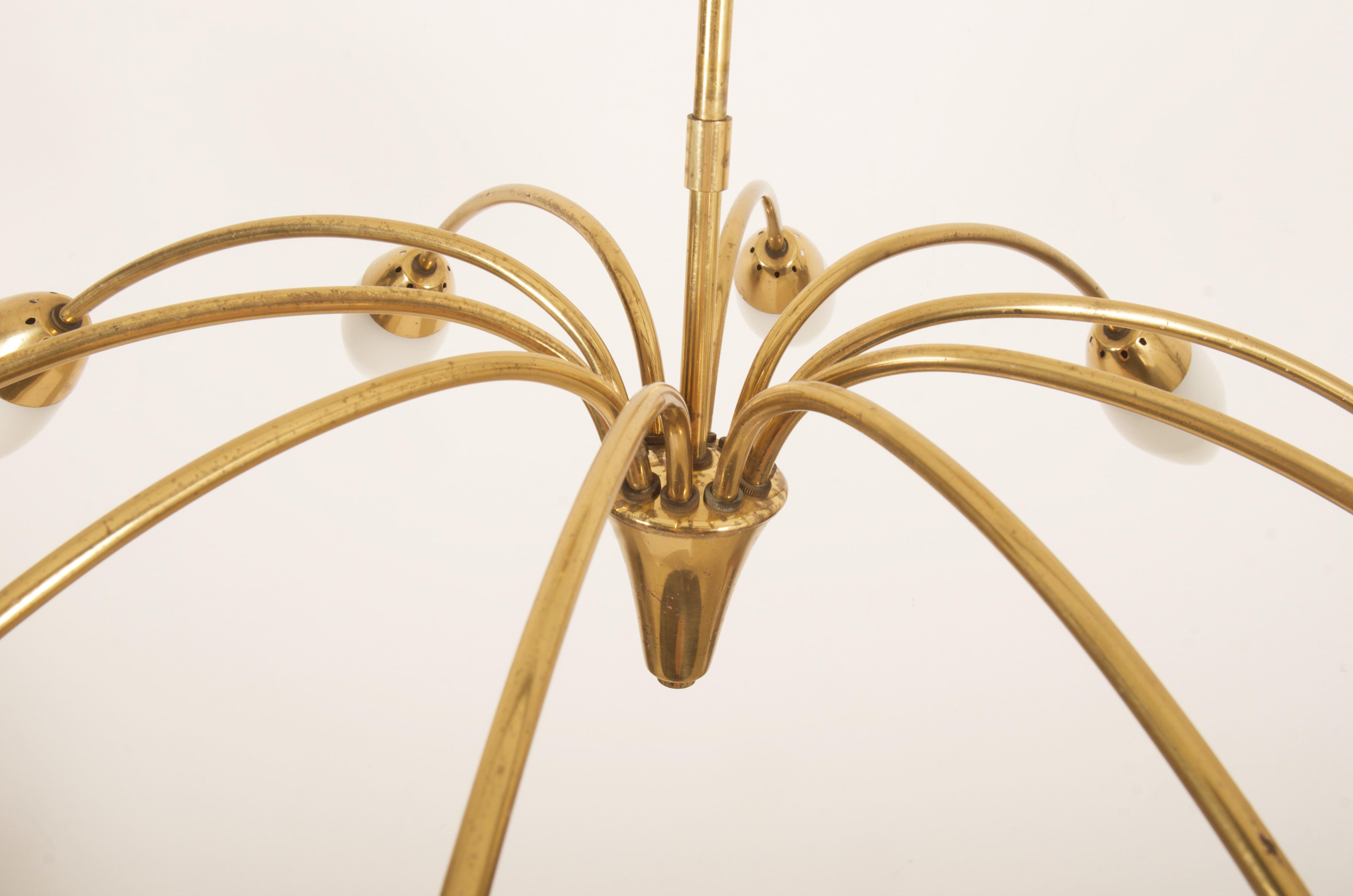 Austrian Midcentury Brass Opaline Glass Chandelier by Rupert Nikoll