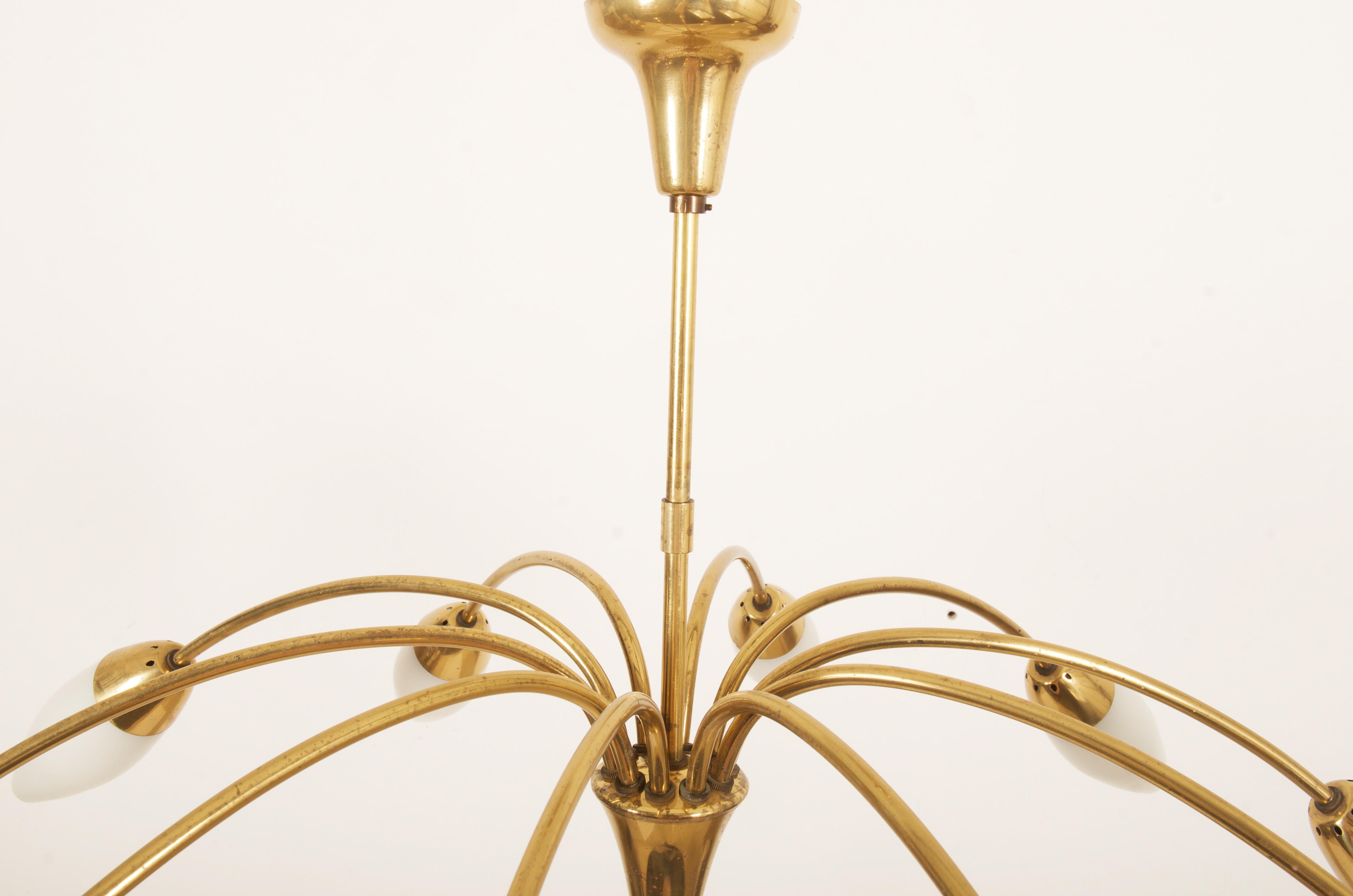 Midcentury Brass Opaline Glass Chandelier by Rupert Nikoll In Good Condition In Vienna, AT
