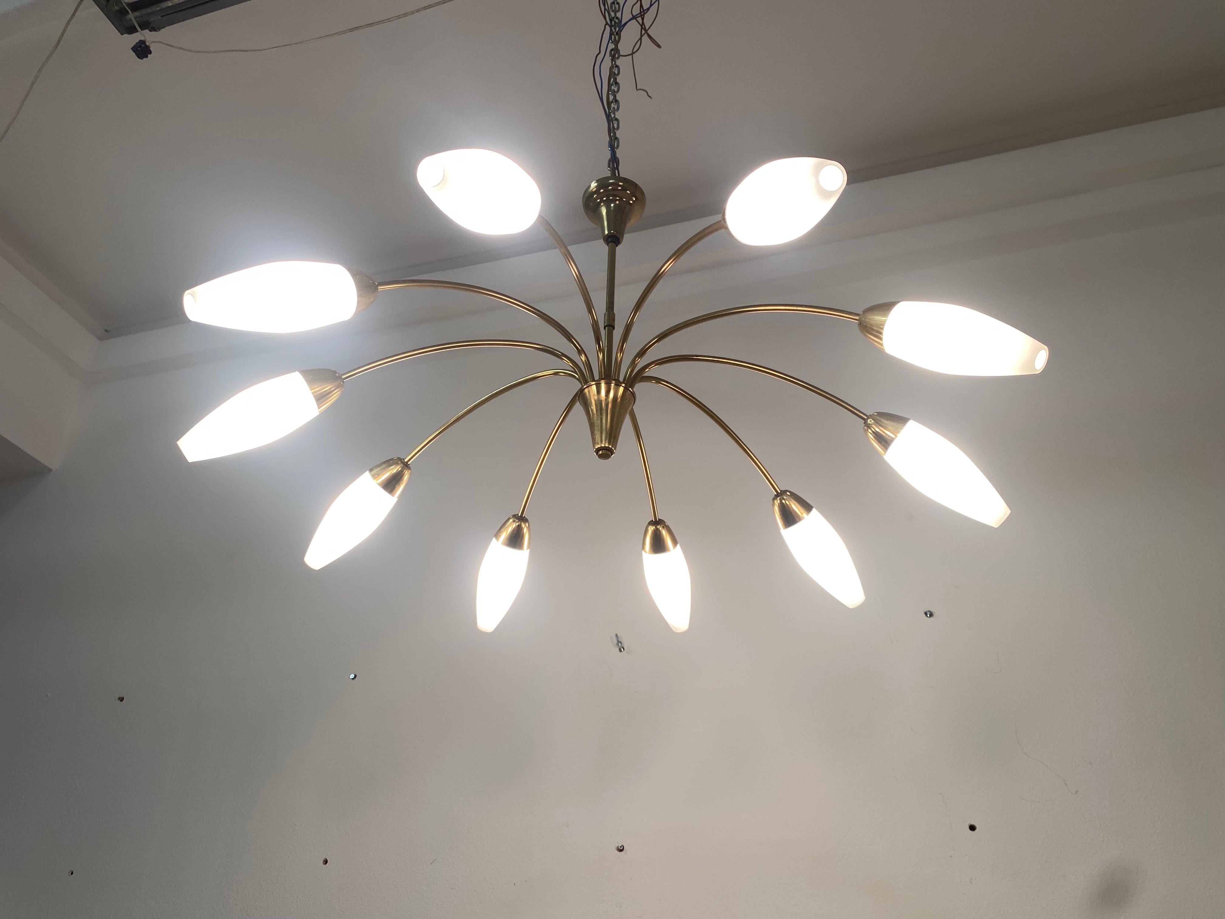 Midcentury Brass Opaline Glass Chandelier by Rupert Nikoll 1