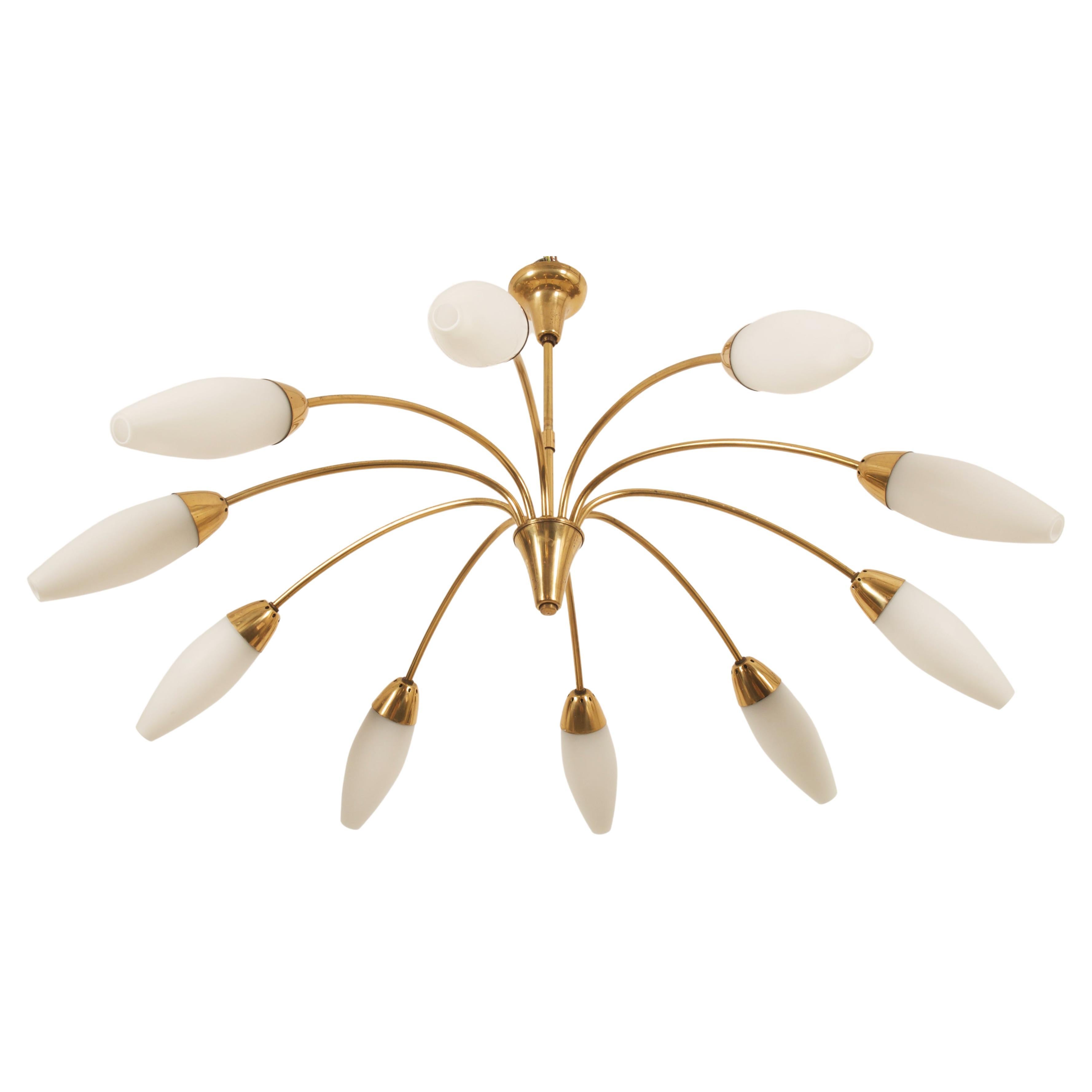 Midcentury Brass Opaline Glass Chandelier by Rupert Nikoll