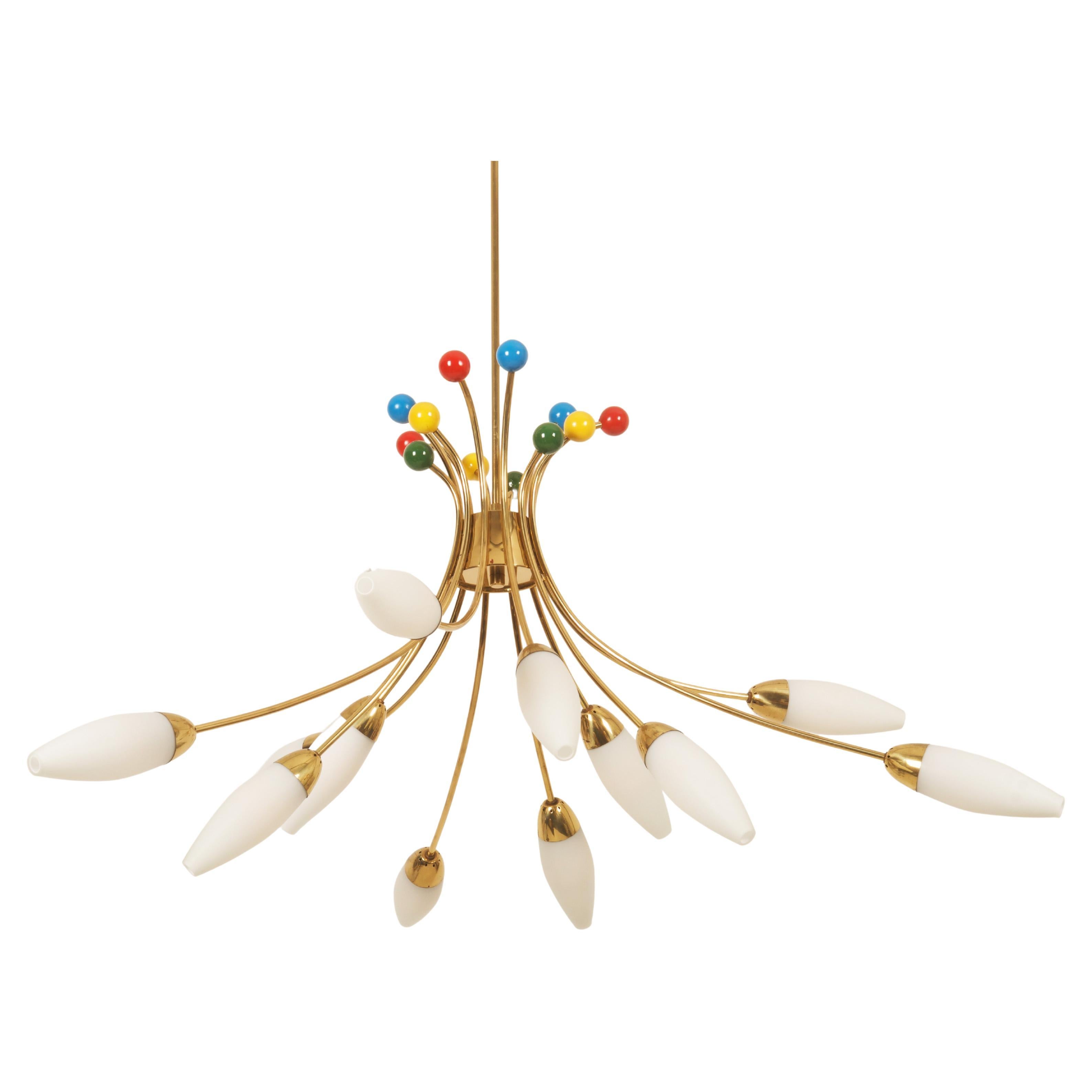 Midcentury Brass Opaline Glass Chandelier by Rupert Nikoll