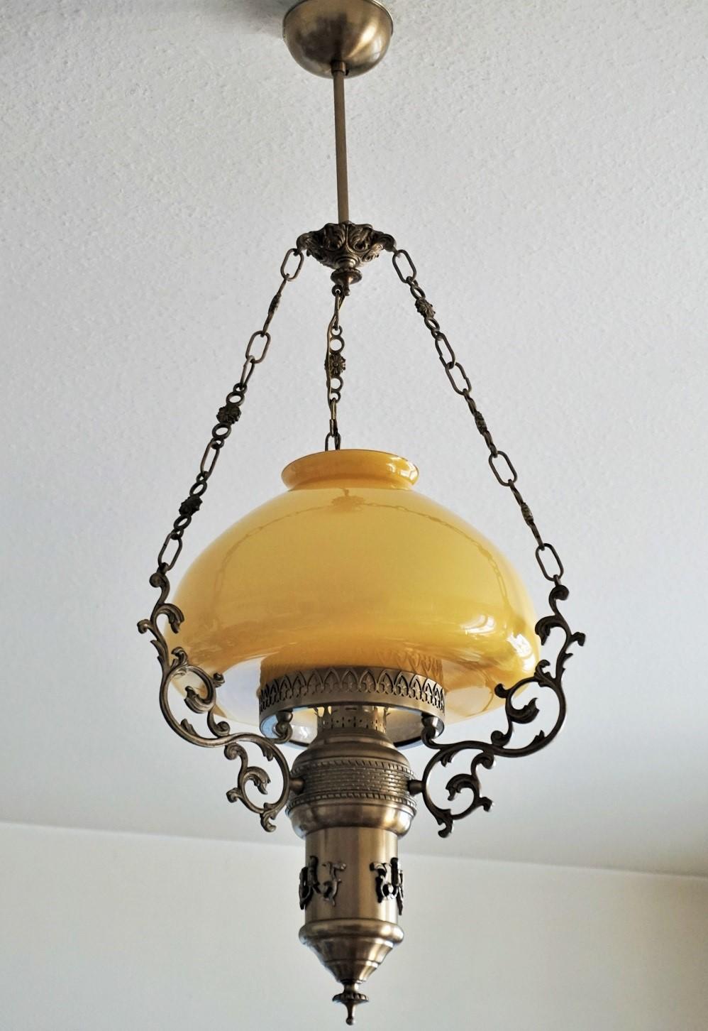 Art Nouveau Midcentury Brass Opaline Glass Suspension Lantern with Tall Clear Glass Chimney For Sale