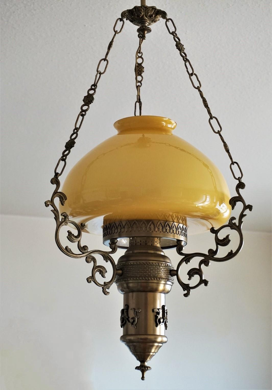 Portuguese Midcentury Brass Opaline Glass Suspension Lantern with Tall Clear Glass Chimney For Sale