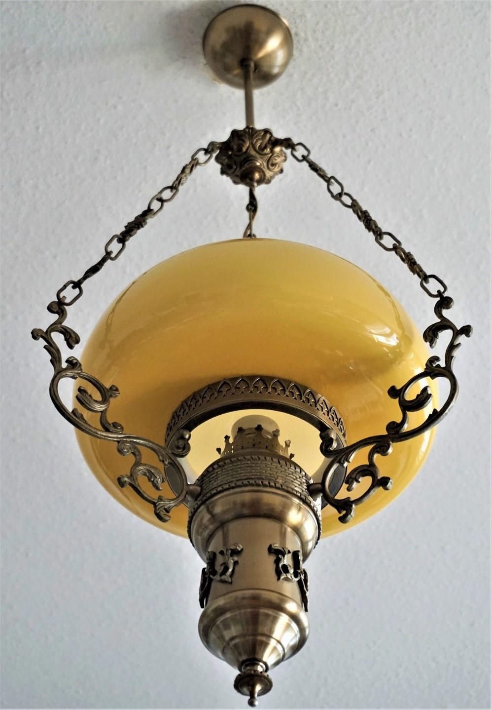 Burnished Midcentury Brass Opaline Glass Suspension Lantern with Tall Clear Glass Chimney For Sale