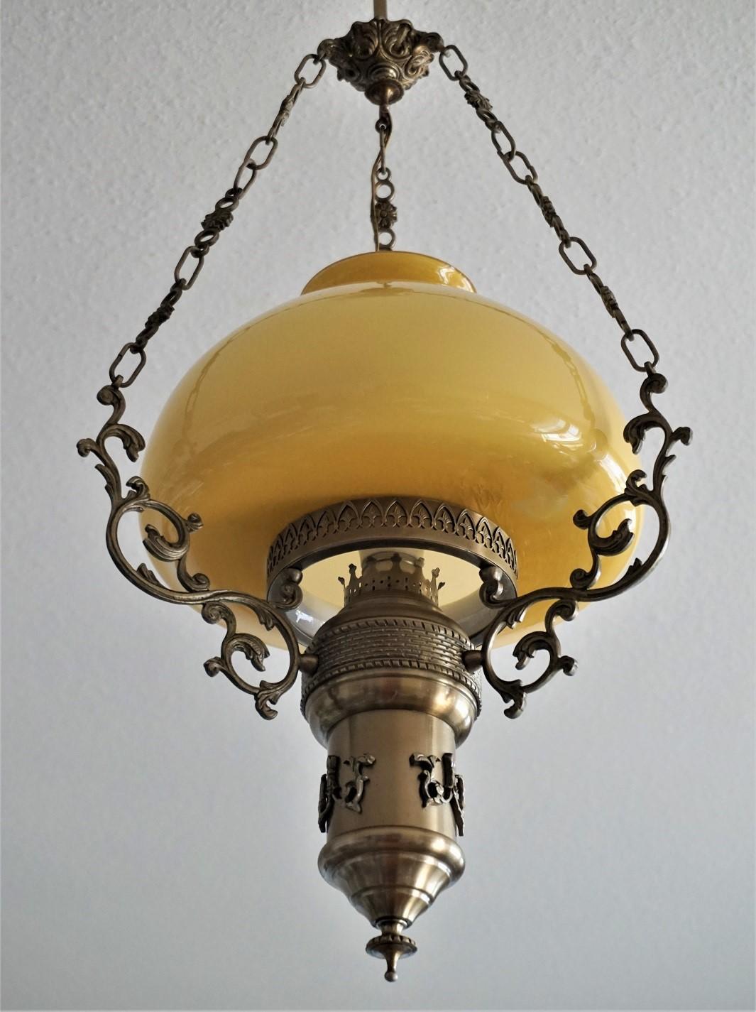 Midcentury Brass Opaline Glass Suspension Lantern with Tall Clear Glass Chimney In Good Condition For Sale In Frankfurt am Main, DE