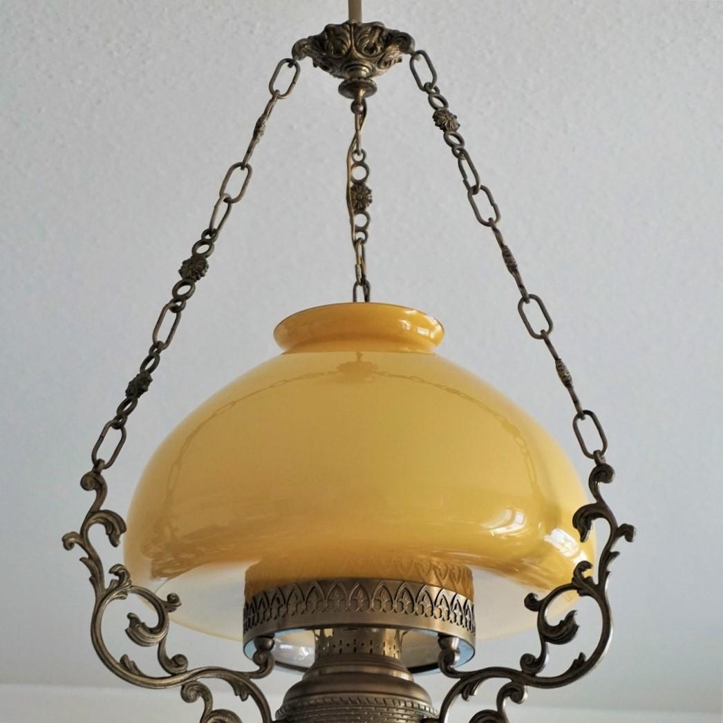 20th Century Midcentury Brass Opaline Glass Suspension Lantern with Tall Clear Glass Chimney For Sale