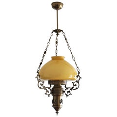 Midcentury Brass Opaline Glass Suspension Lantern with Tall Clear Glass Chimney