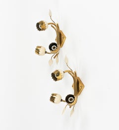 Midcentury Brass Pair of Tulip Flower Sconces Wall Lamps, Italy 1950s