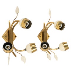 Midcentury Brass Pair of Tulip Flower Sconces Wall Lamps, Italy 1950s