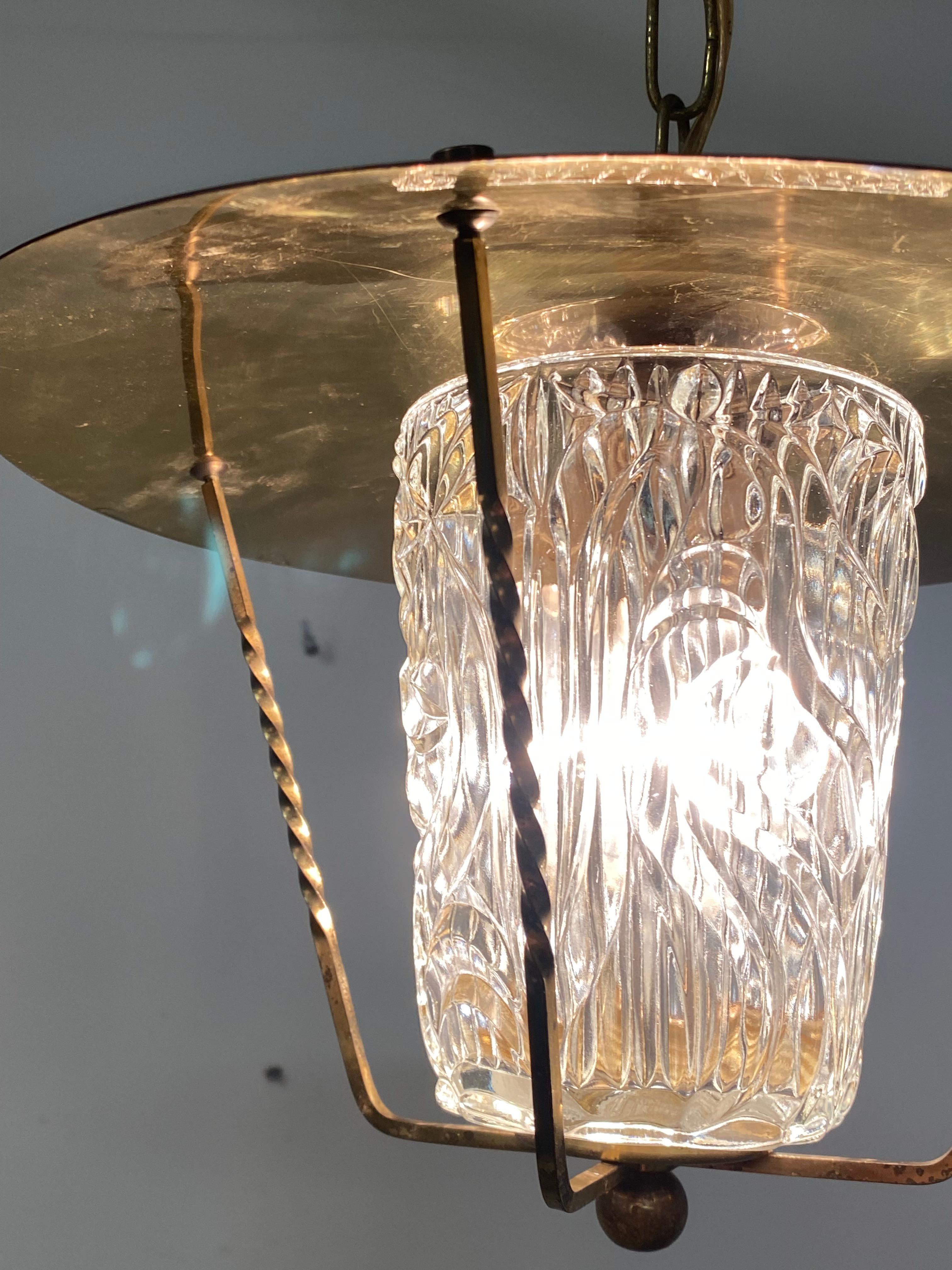 Midcentury Brass Pendant Lamp With Structured Glass Shade  5