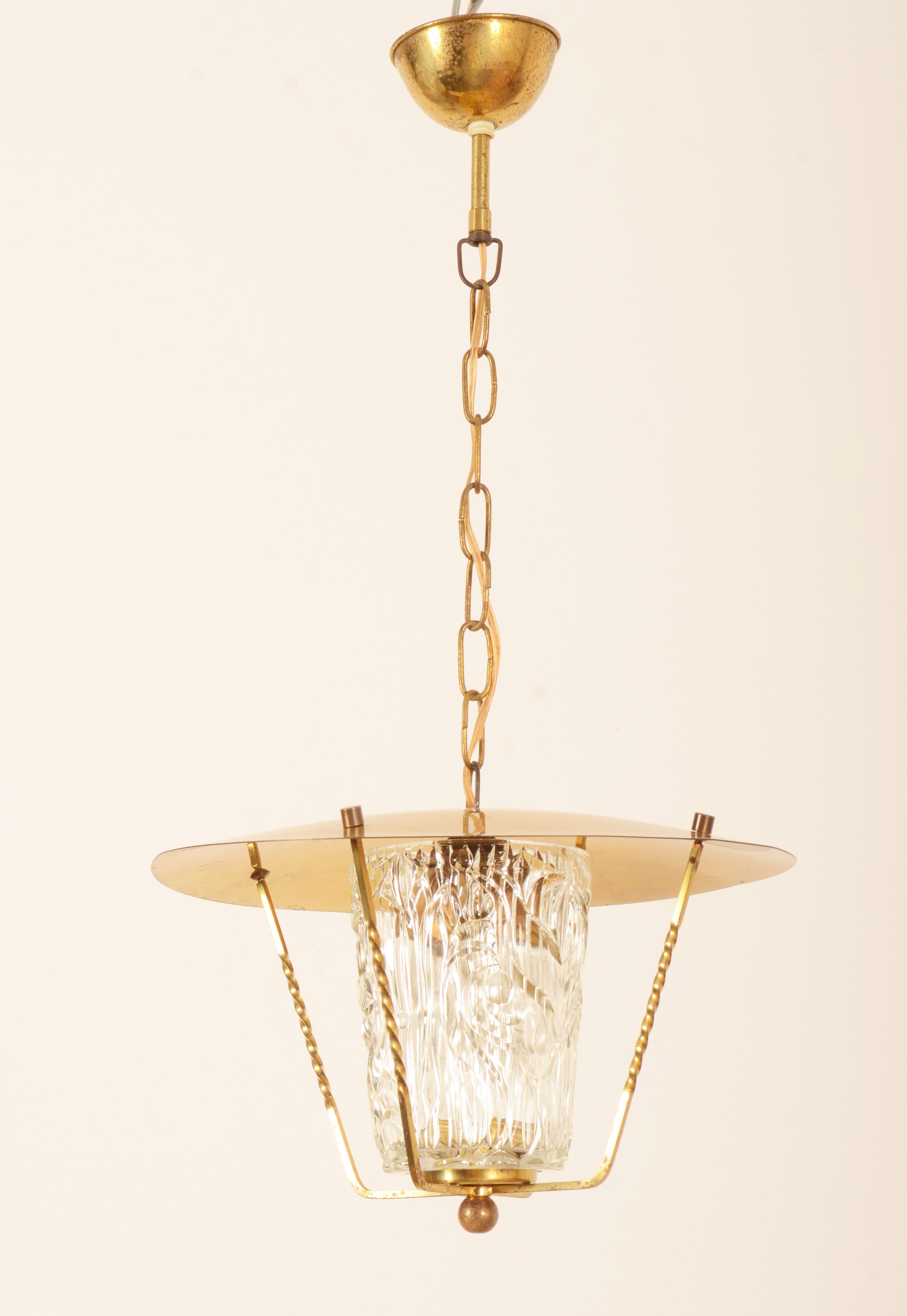 Mid-Century Modern Midcentury Brass Pendant Lamp With Structured Glass Shade 