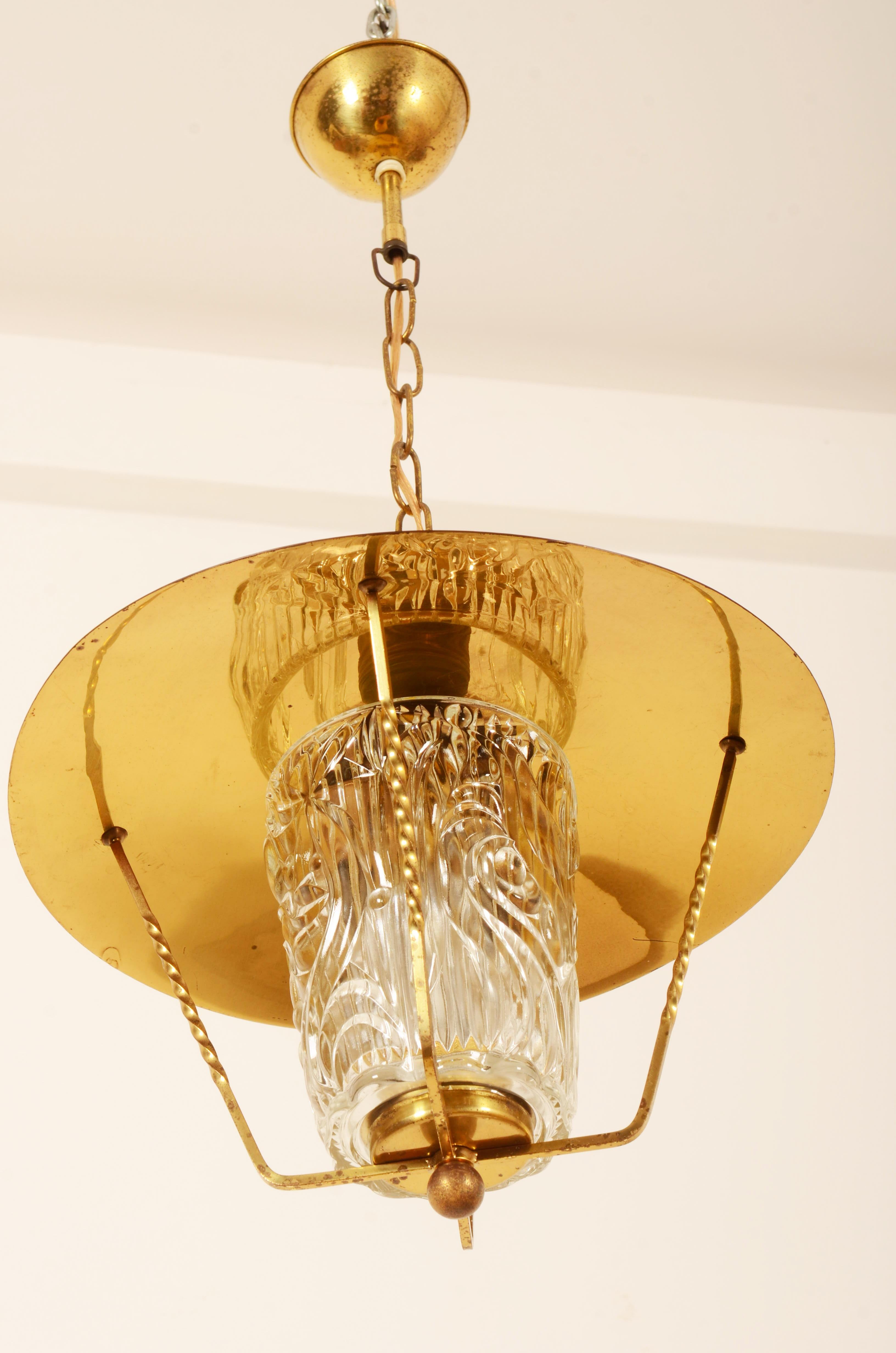 Austrian Midcentury Brass Pendant Lamp With Structured Glass Shade 