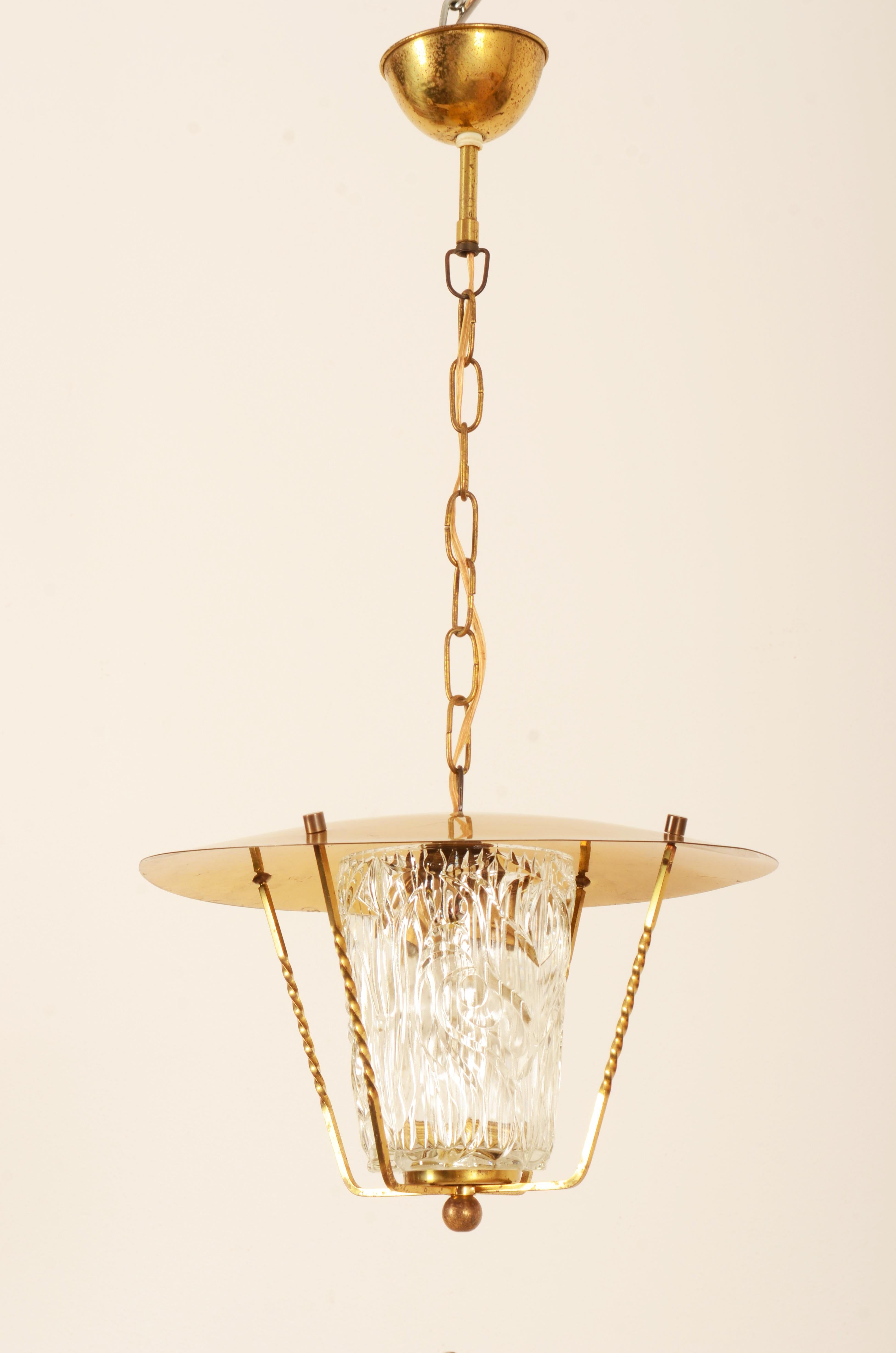 Mid-20th Century Midcentury Brass Pendant Lamp With Structured Glass Shade  For Sale