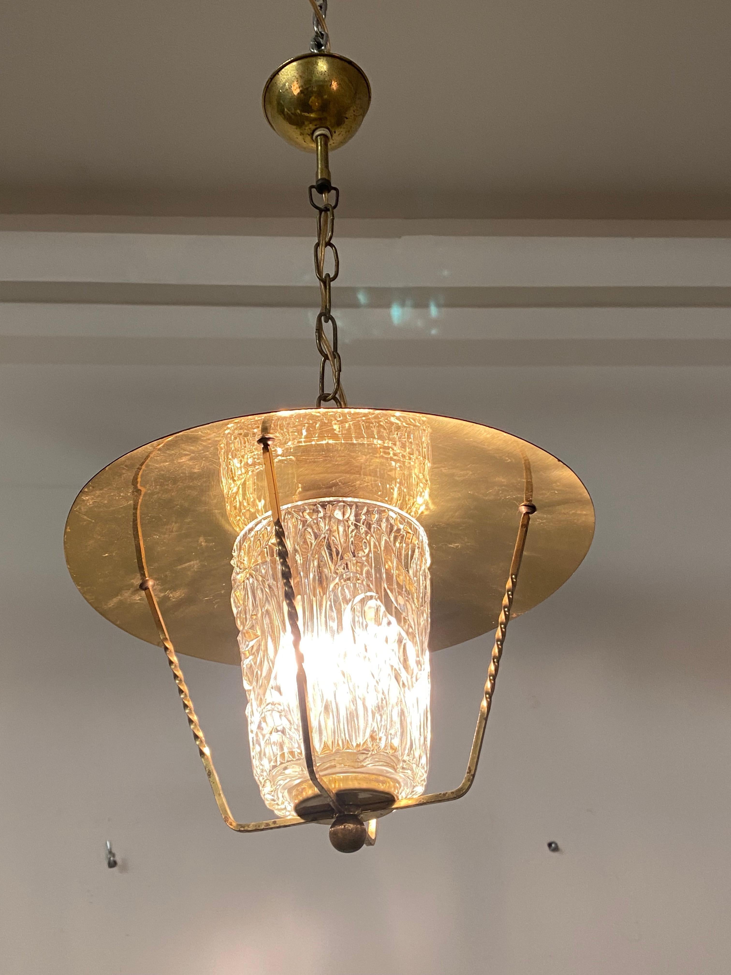 Midcentury Brass Pendant Lamp With Structured Glass Shade  1